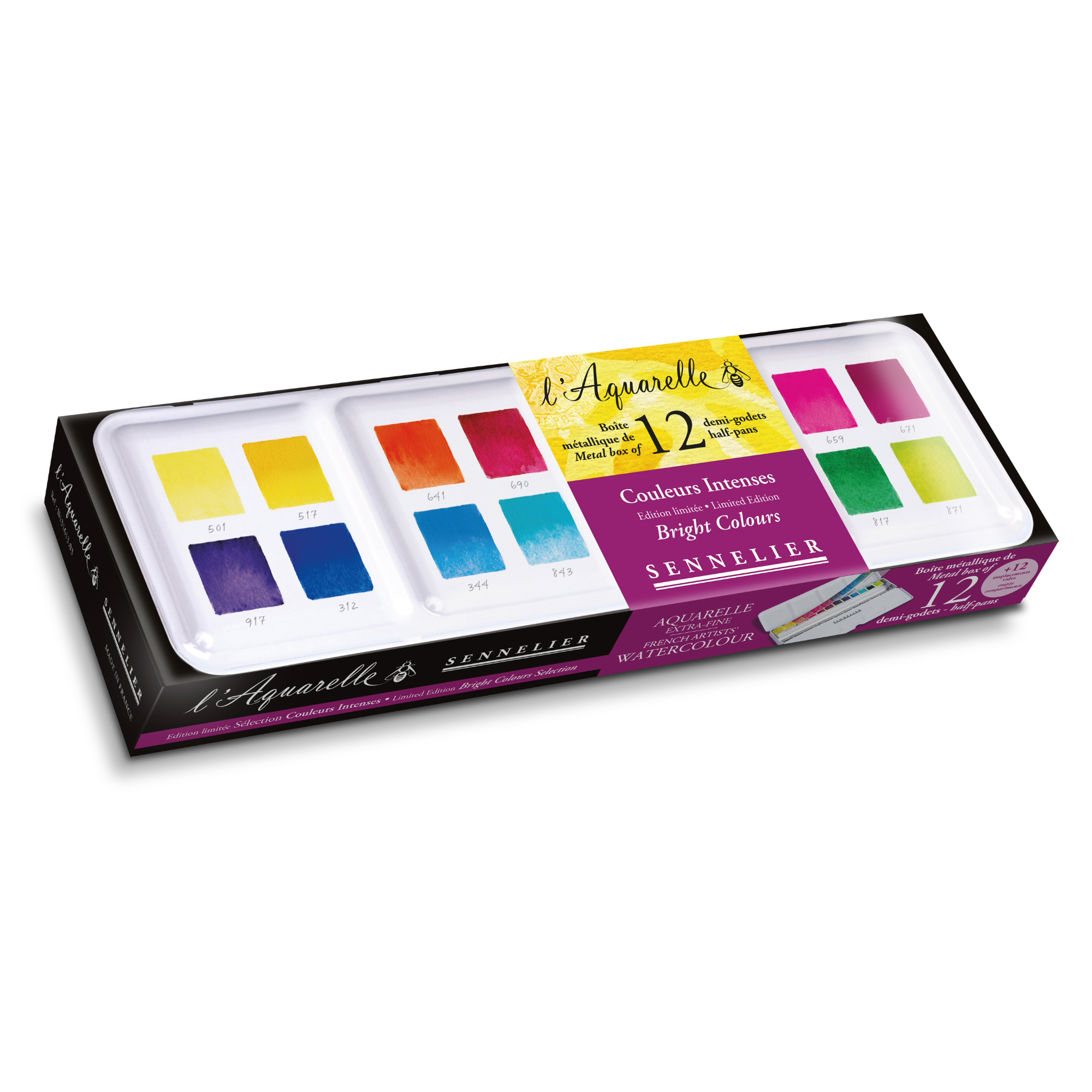 Sennelier watercolour half pan watercolour paint set with colour swatches on a white background