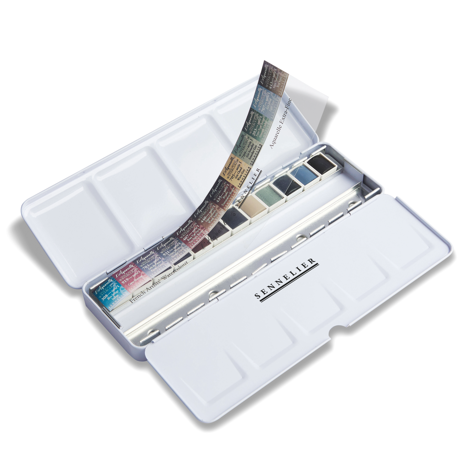 Sennelier watercolour paint set in a white metal tin with 12 half pan colours. Displayed on a white background