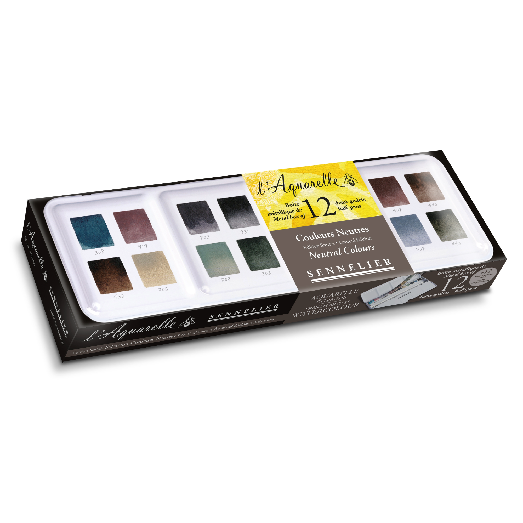 Sennelier watercolor set with colour swatches in neutral tones on the box. displayed on a white background