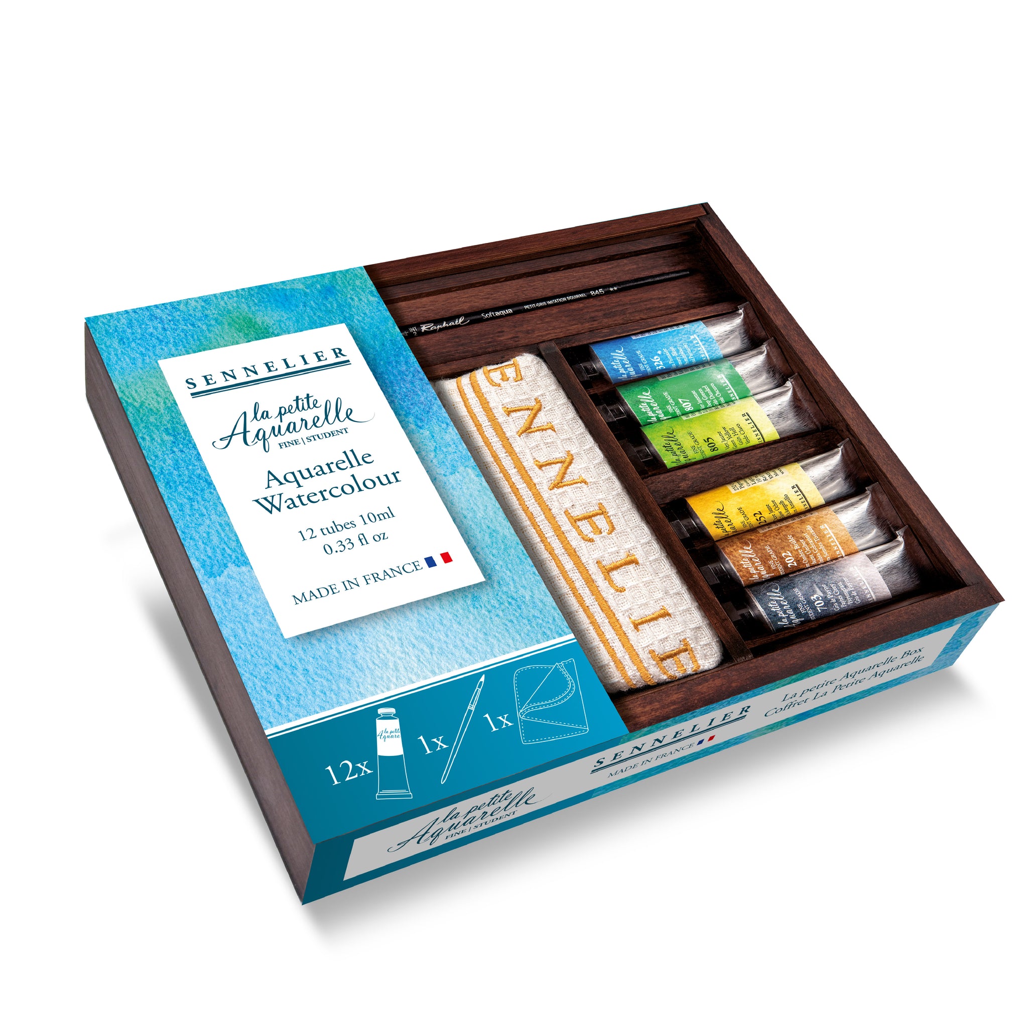 Packaging of a Sennelier watercolour set showing a half blue design that lists 12 x paint tubes, 1 x paint brush and 1 x cloth. the other half shows a partial box of watercolour paints with accessories.