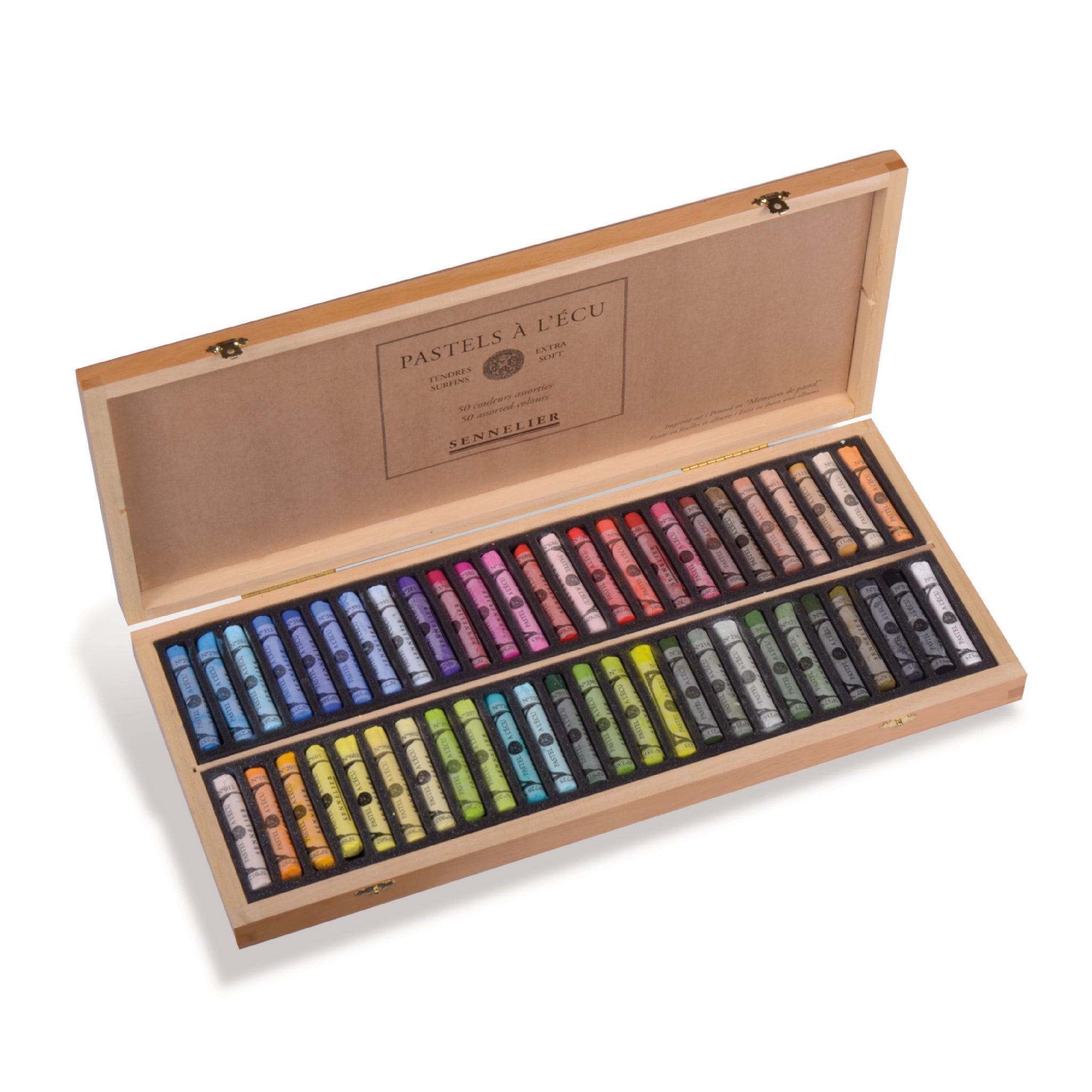 open wooden box of 50 soft pastels in varying colours displayed on a white background.