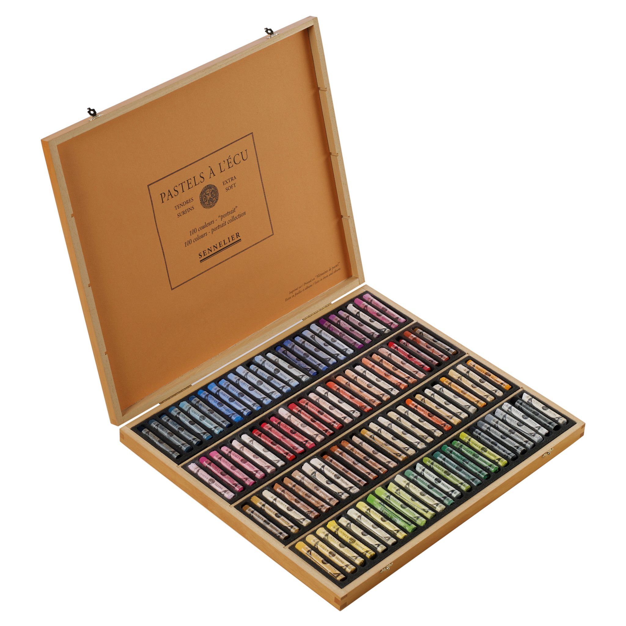 Set of 100 pastels in a wooden box with foam lining and 'Pastels a l'ecu' branding. Featured on a white background.