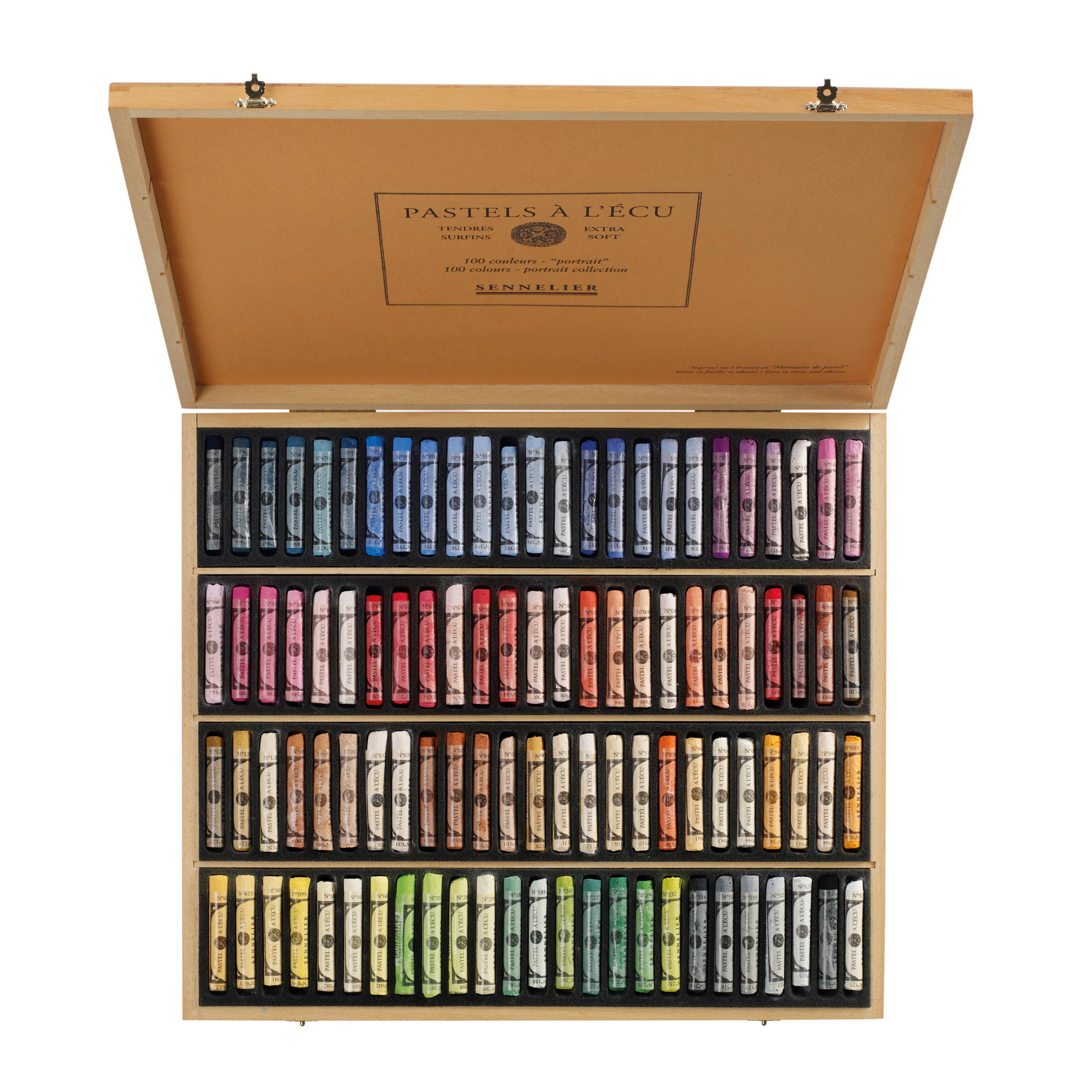Set of 100 pastels in a wooden box with foam lining and Sennelier branding. displayed on a white background.