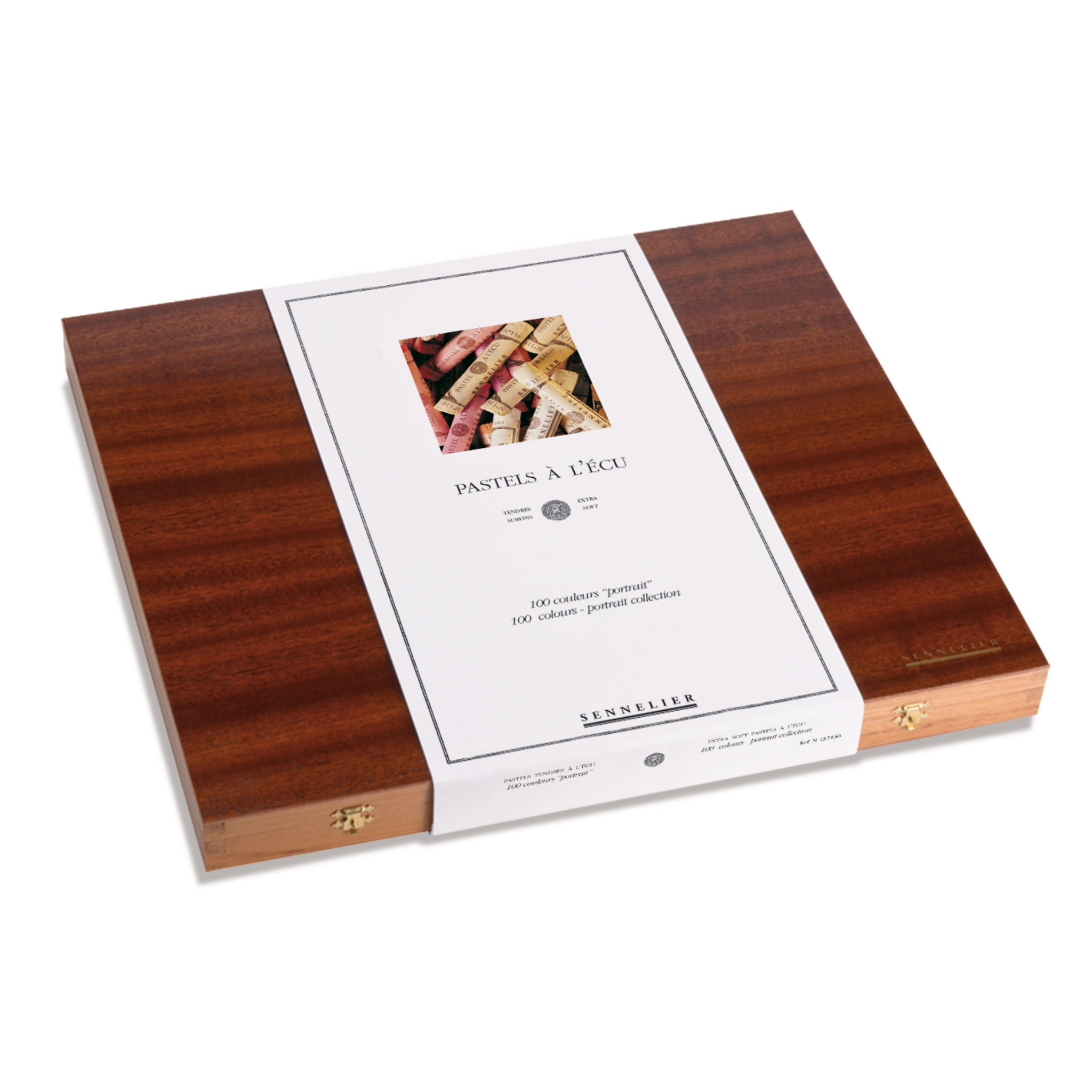 Wooden box with a white label featuring Sennelier branding and a an image of soft pastels on a white background