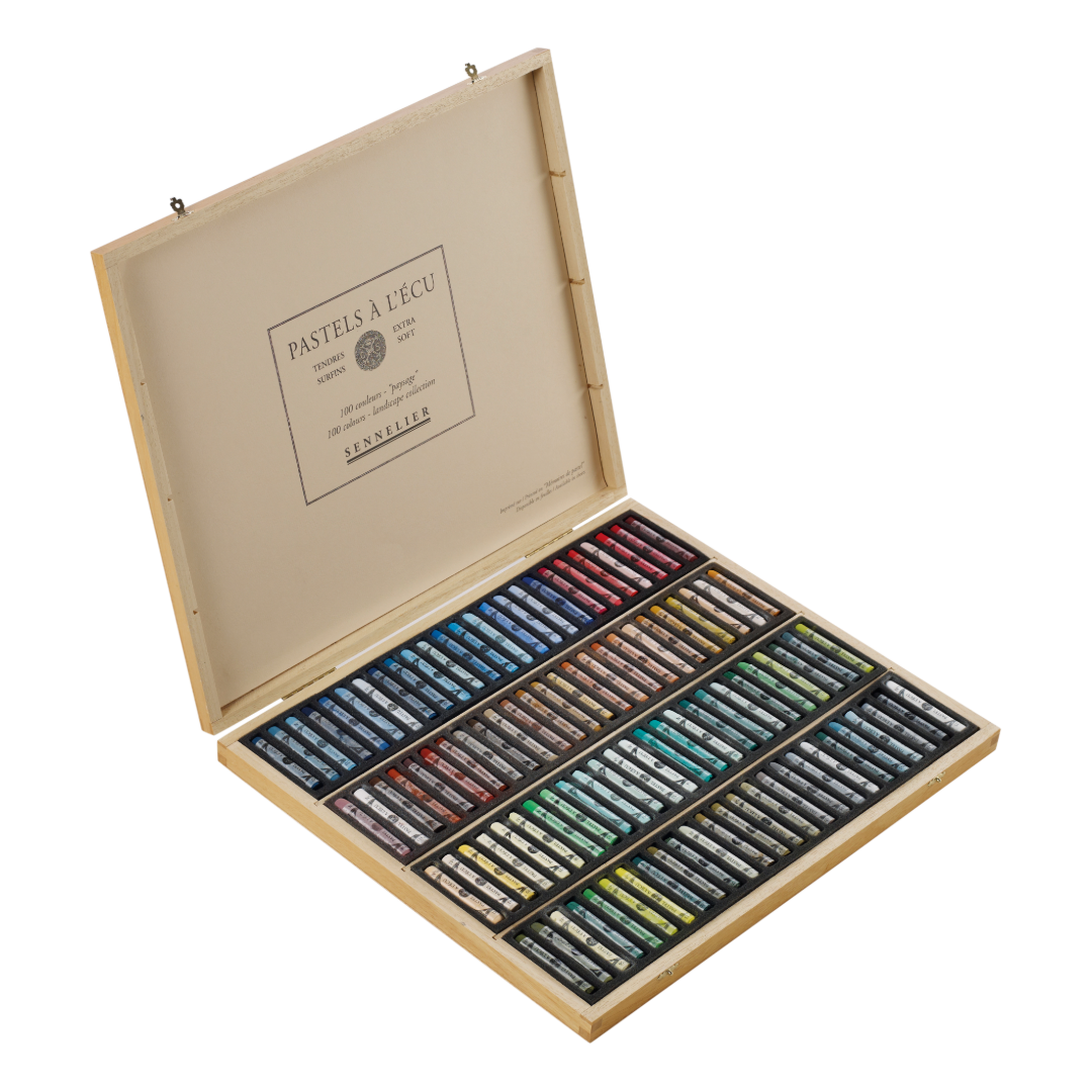 an open wooden box showing 100 pastels of varying colours, displayed on a white background.