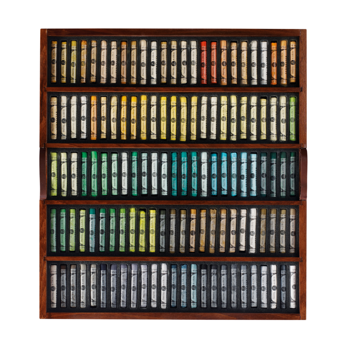 a wooden tray of soft pastels in varying colours displayed on a white 