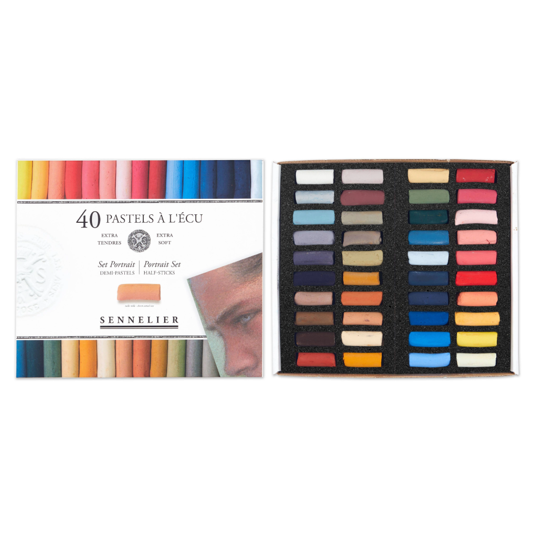 A set of 40 Sennelier Extra Soft Half Pastels in a variety of colours. Displayed in an open cardboard box with Sennelier packaging on a White background