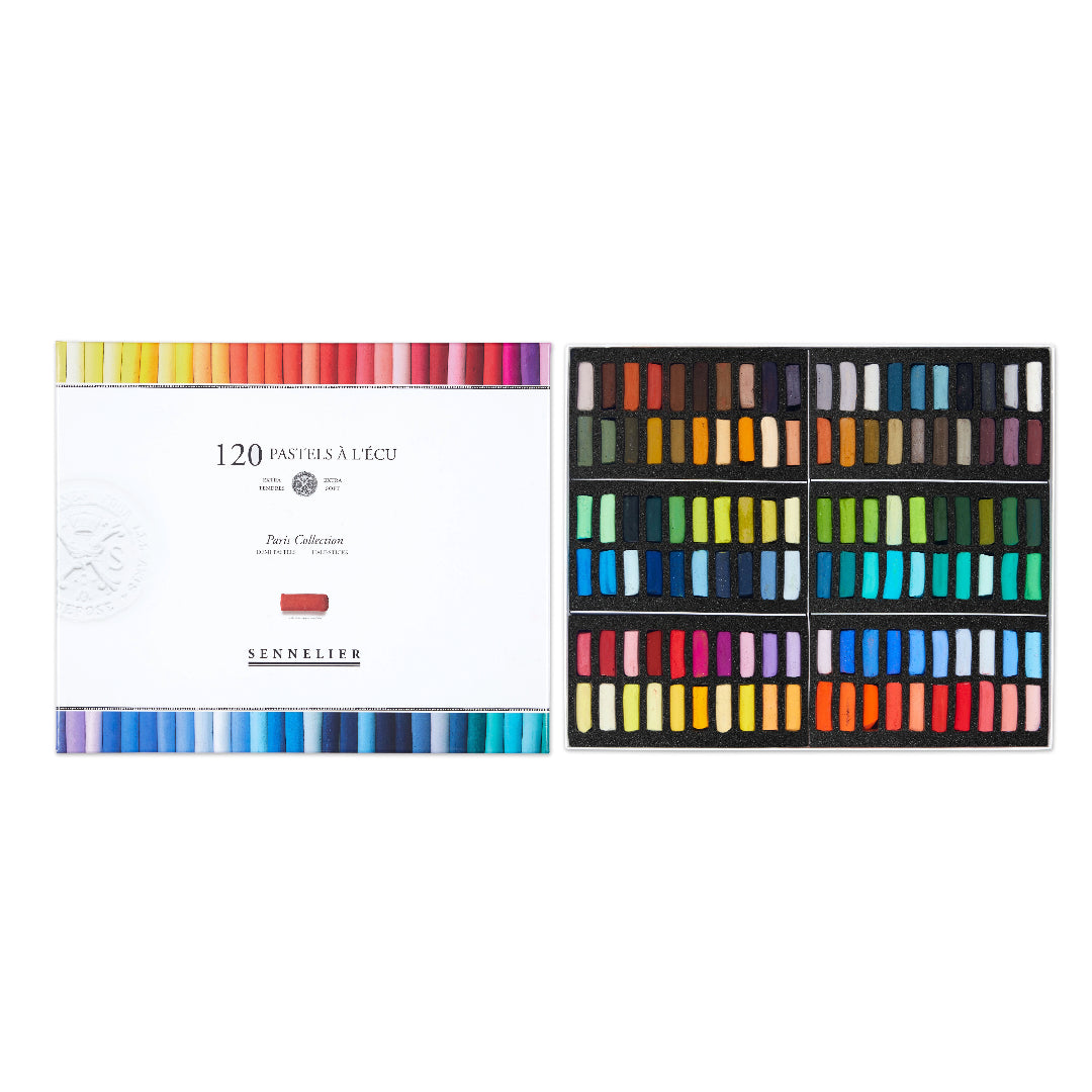 A set of 120 Sennelier Extra Soft Half Pastels in a variety of colours. Displayed in an open cardboard box with Sennelier packaging on a White background
