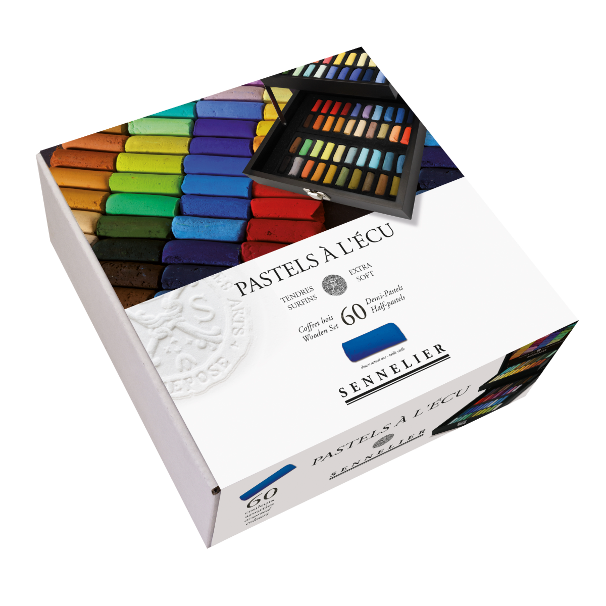 Box of Sennelier pastels with a colourful array on a white background