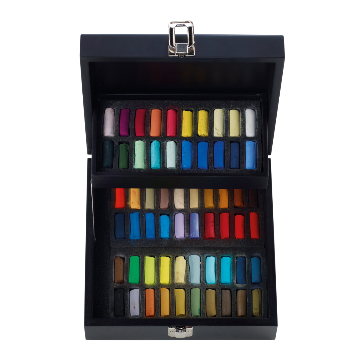 An open wooden box containing an assortment of Sennelier Extra Soft Half Pastels in various colours.