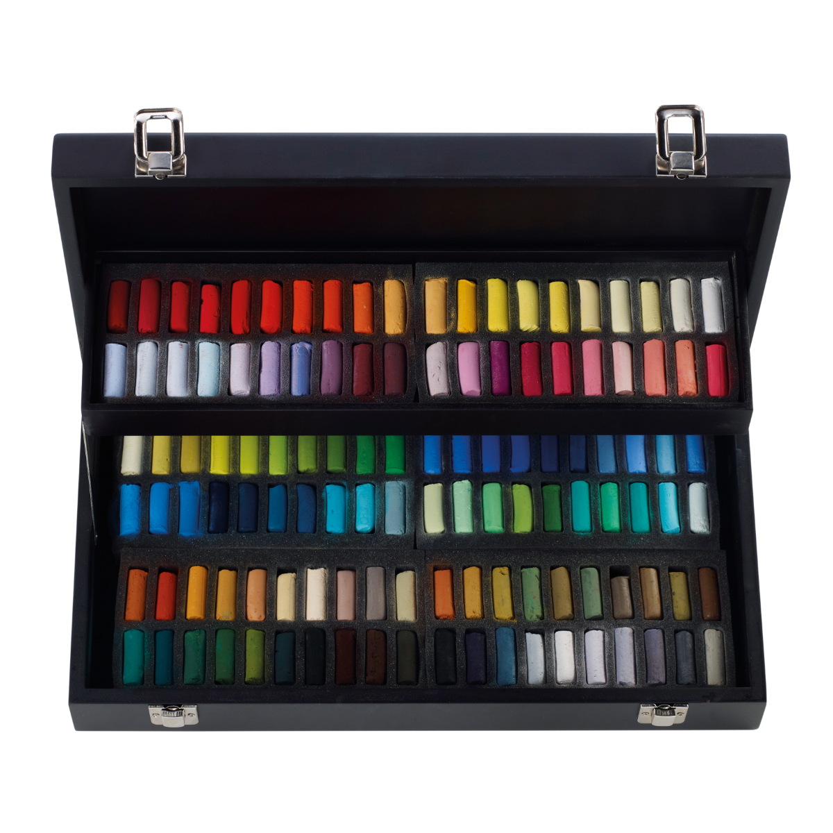 Set of 120 soft pastel crayons in a black case on a white background
