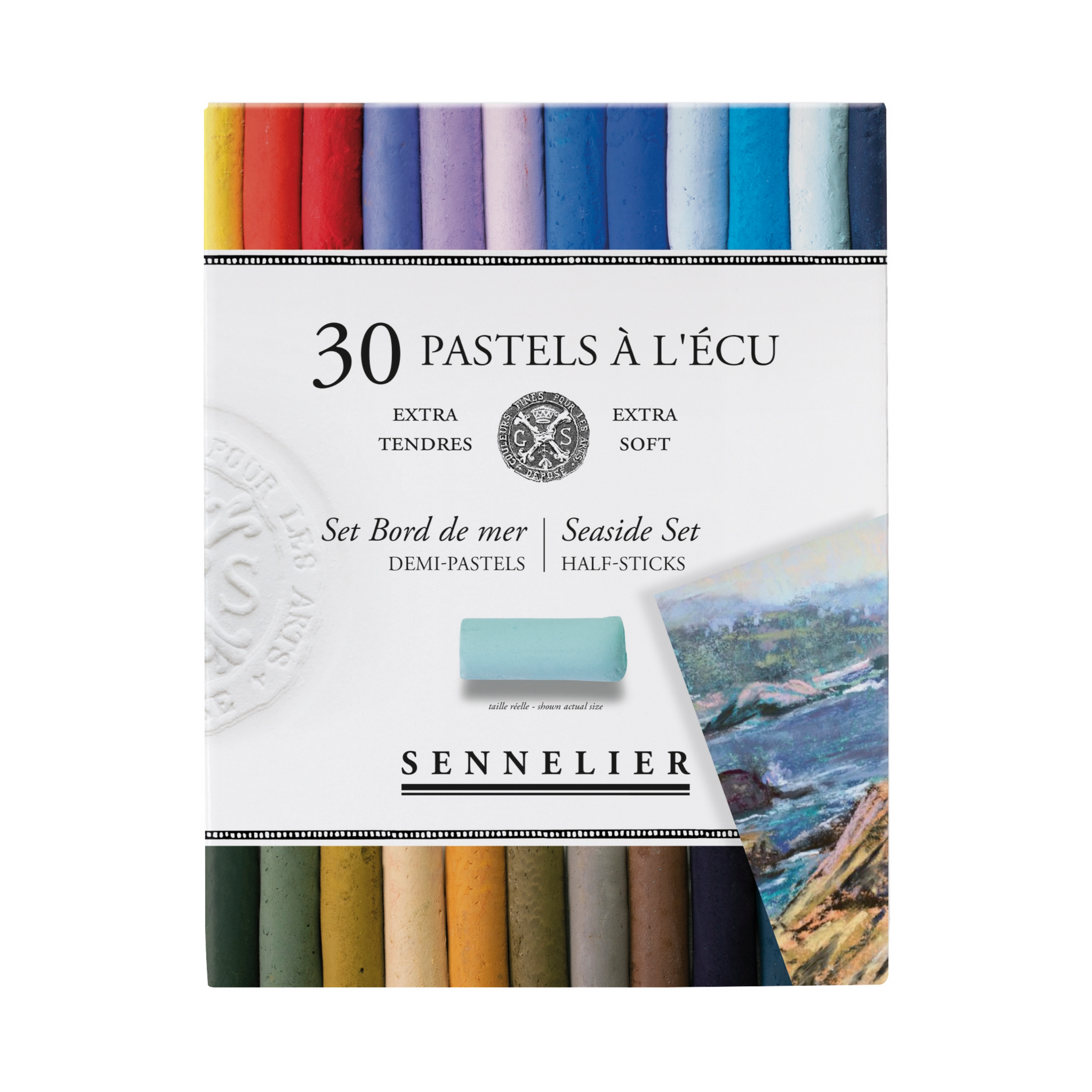 Sennelier pastel set packaging with colour swatches and scenic illustration on a white background.