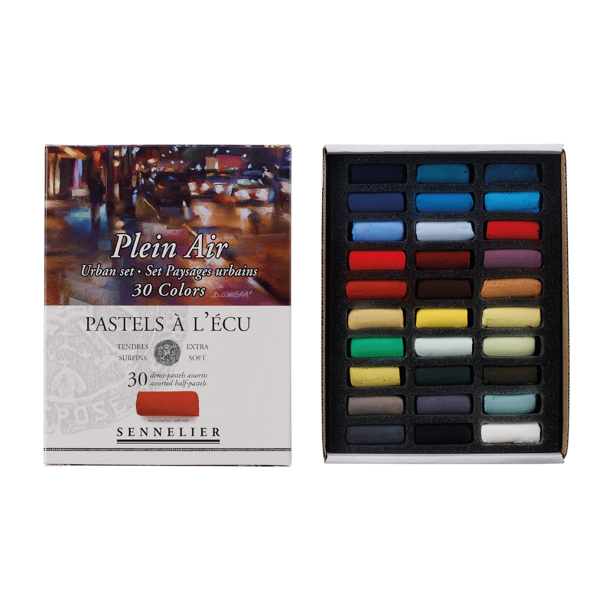 A set of 30 Sennelier Extra Soft Half Pastels in various colours, displayed in an open cardboard box on a white background.