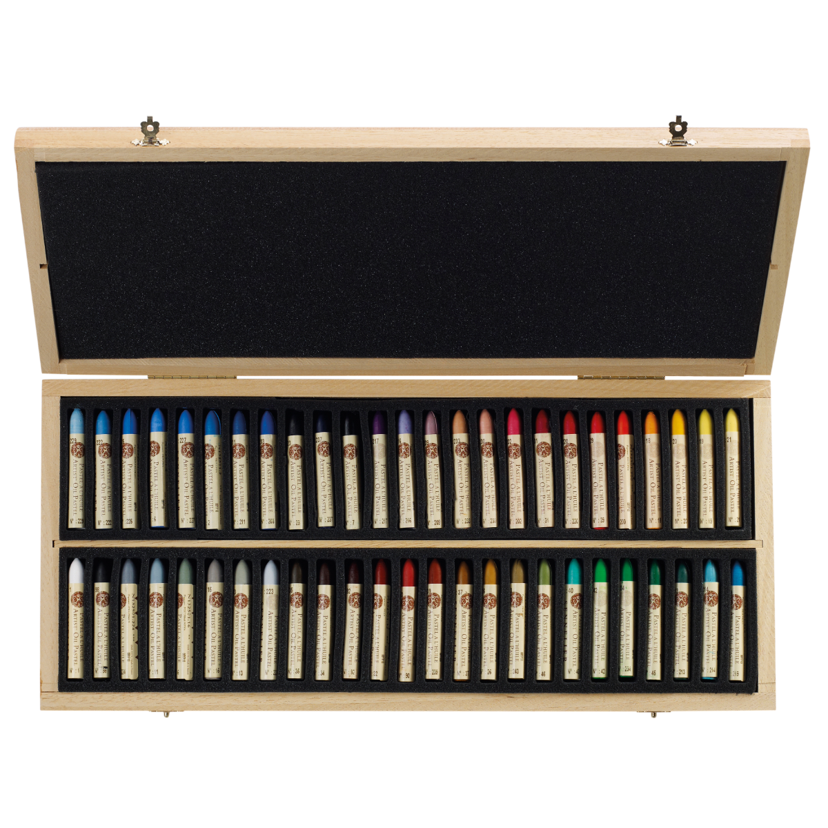 A set of 50 Sennelier oil pastels in assorted colours, displayed in a wooden presentation box on a white background.