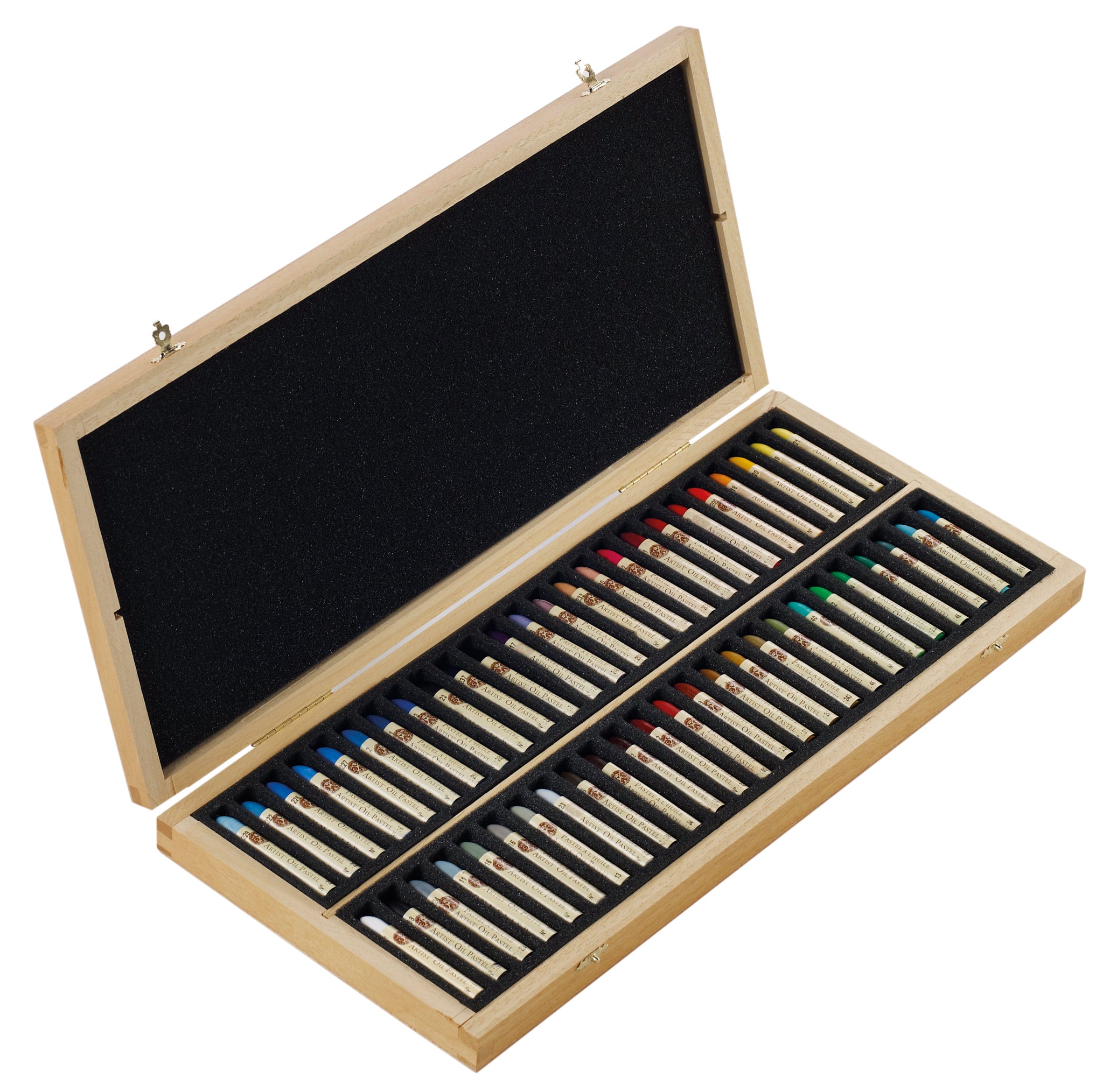 A set of 50 Sennelier oil pastels in assorted colours, displayed in a wooden presentation box on a white background.