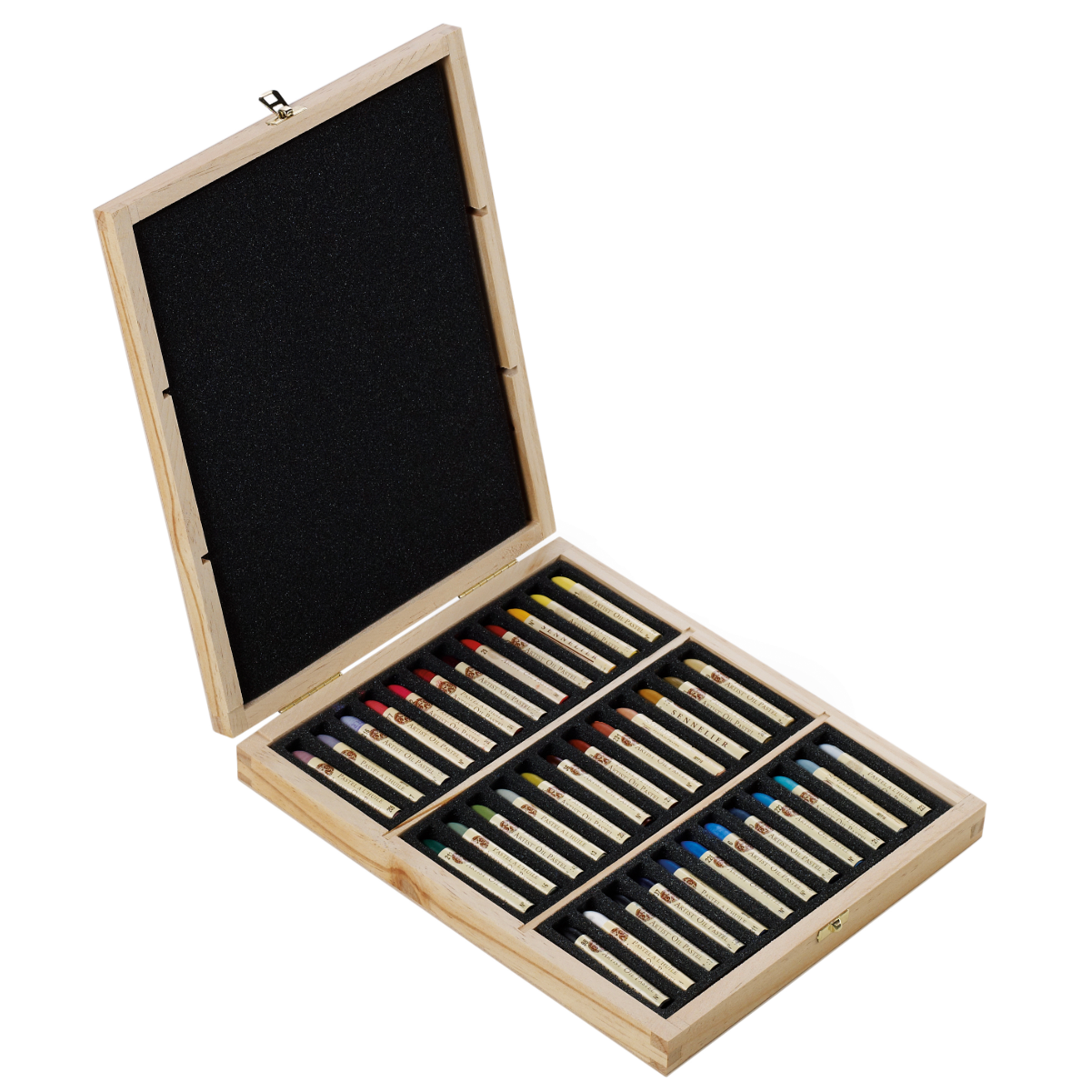 Set of 36 pastels in a foam lined wooden box on a white background