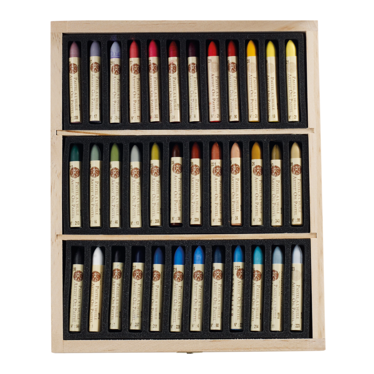 Set of 36 pastels in a foam lined wooden box on a white background