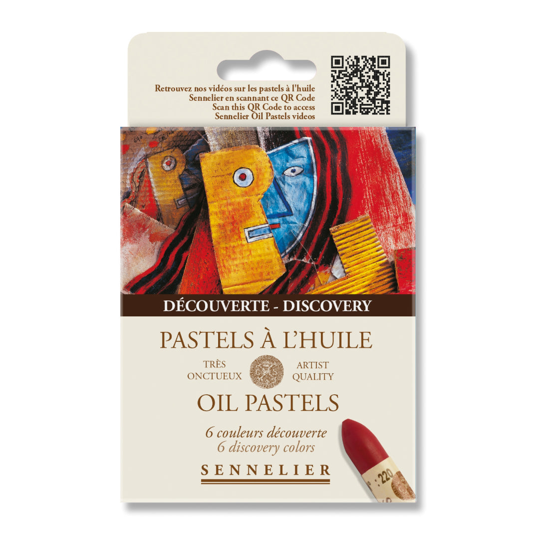 Box of oil pastels which features a colourful illustration and Sennelier branding on a white background