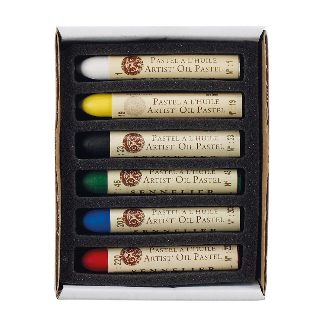 6 oil pastels of various colours displayed in a foam lined box. Displayed on a white background.