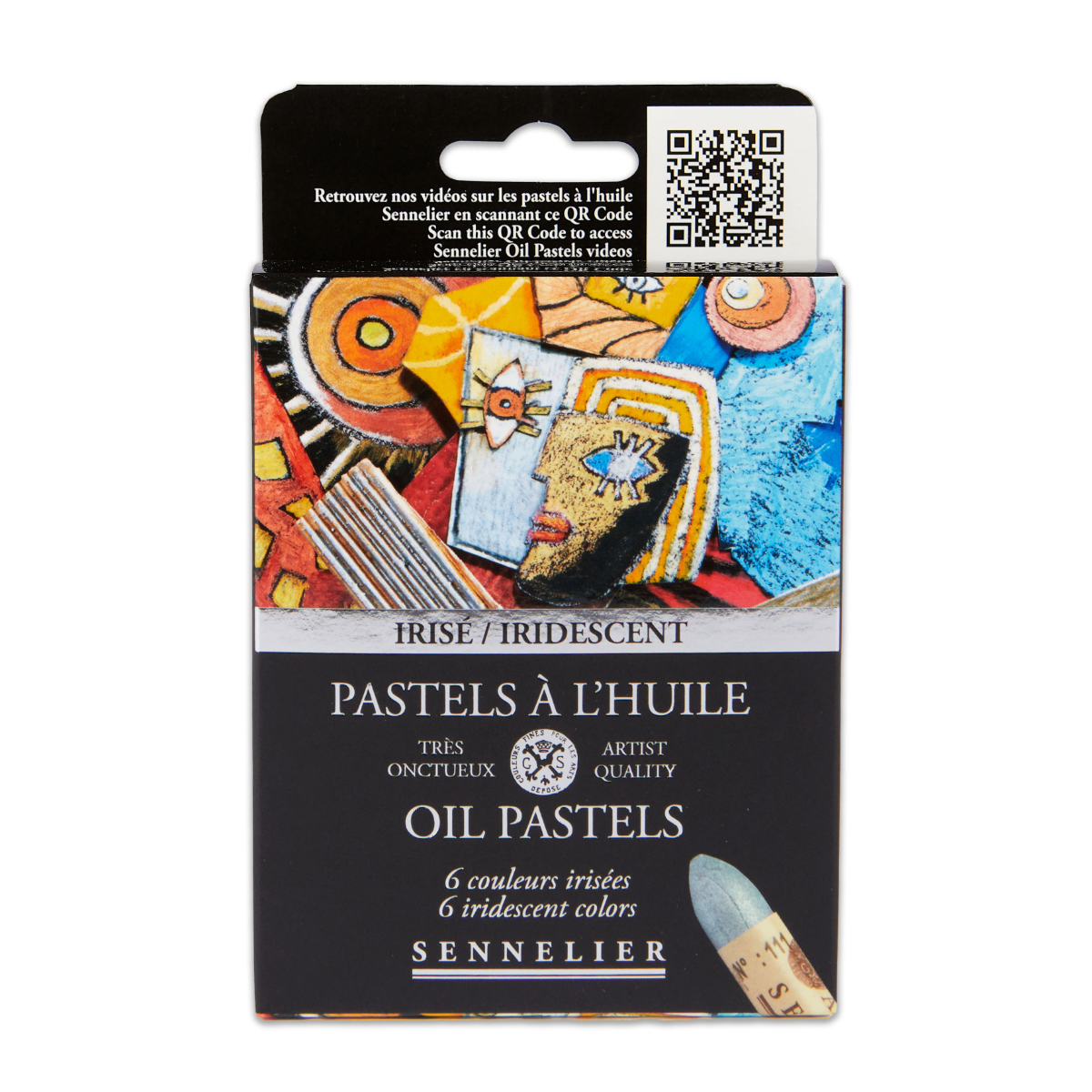 Box of Sennelier iridescent oil pastels with artistic illustrations on a white background