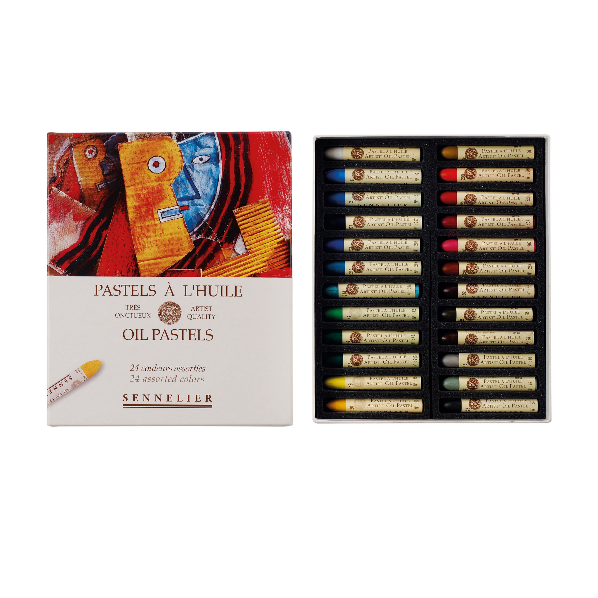 24 Oil pastels in assorted colours displayed in open box with foam lining. Box lid features an abstract portrait in primary colours. 