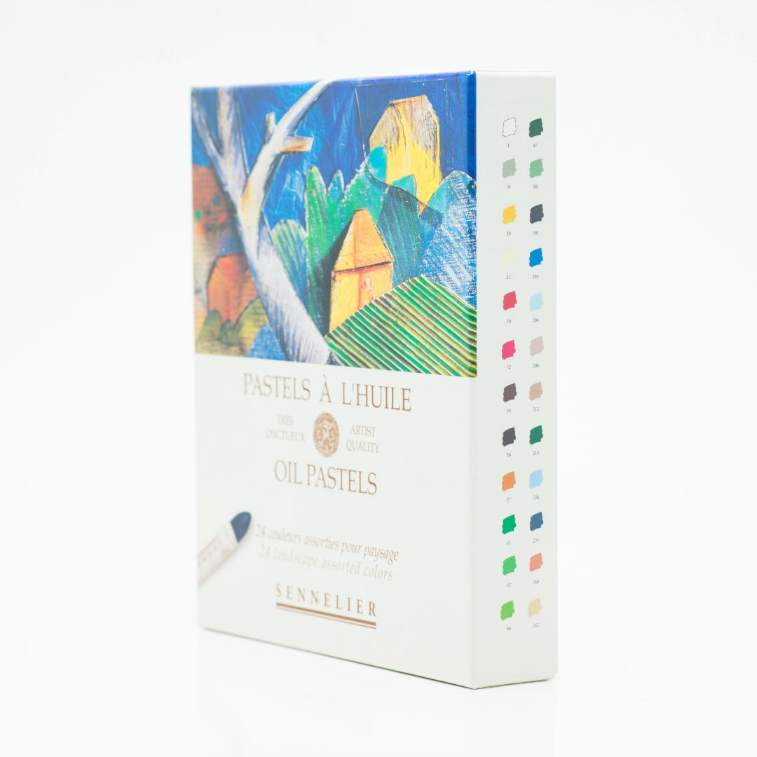 Sennelier oil pastel packaging with colourful pastel shades on the side and a colourful landscape drawing shown on a white background