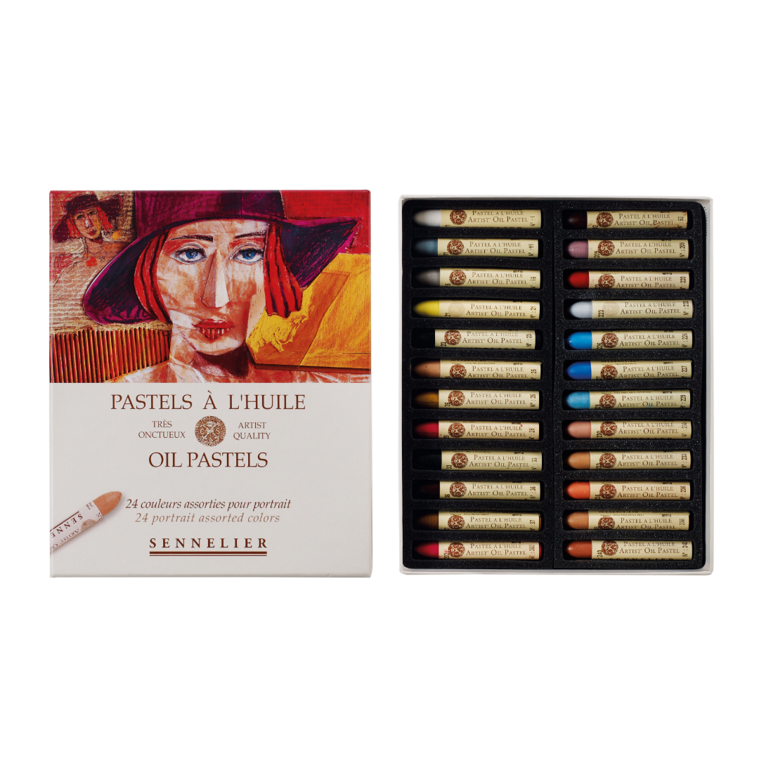 Open cardboard box showing 24 pastels of varying colours. Packaging features a warmly toned portrait drawing and Sennelier branding.
