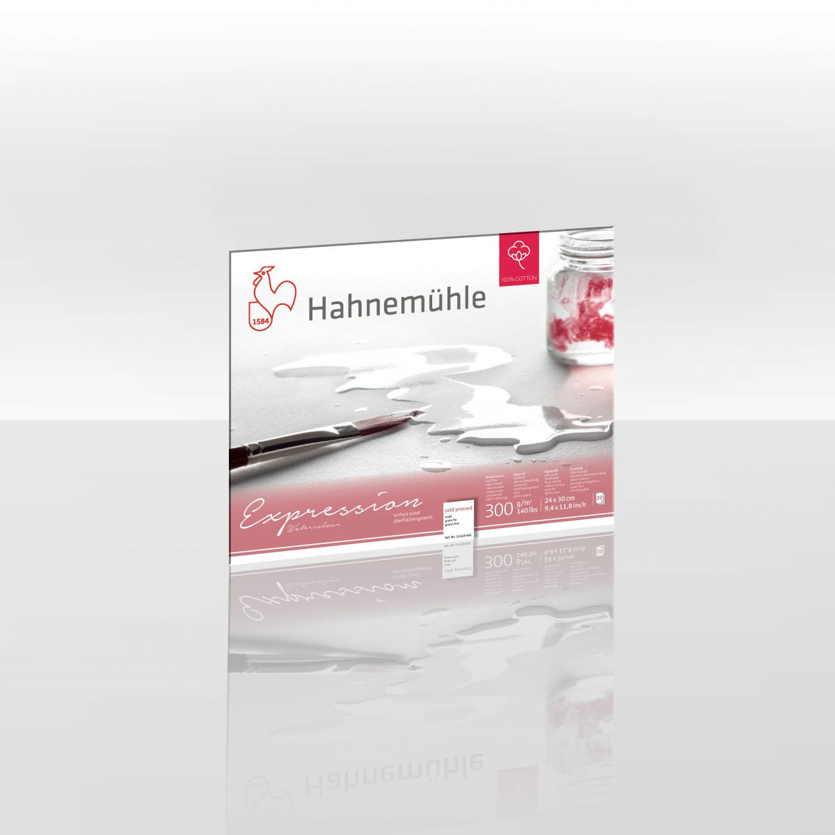 Hahnemuhle Expression watercolour packaging showing a brush and pot of water on a lightly textured paper.
