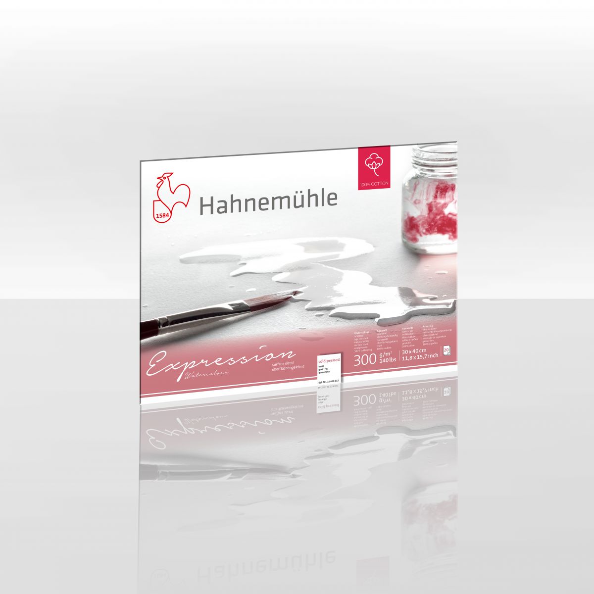 Hahnemuhle Expression watercolour packaging showing a brush and pot of water on a lightly textured paper.