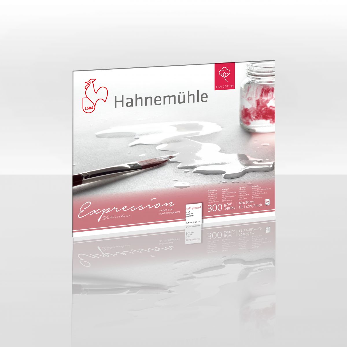 Hahnemuhle Expression watercolour packaging showing a brush and pot of water on a lightly textured paper.