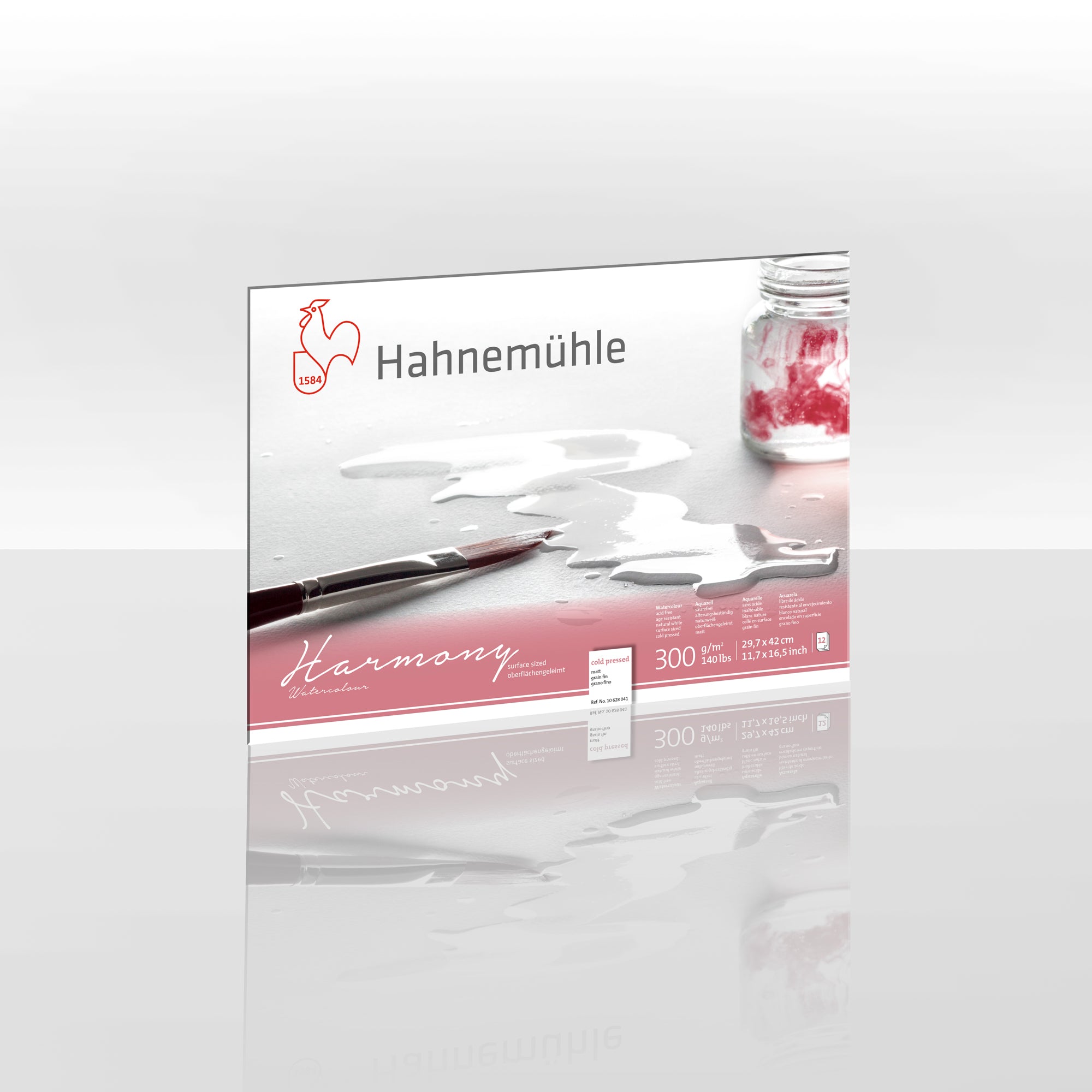 Packaging for Hahnemühle Harmony Watercolour Blocks A3, featuring the brand logo, product name, and a visual sample of the watercolour paper with a brush and jar of water.