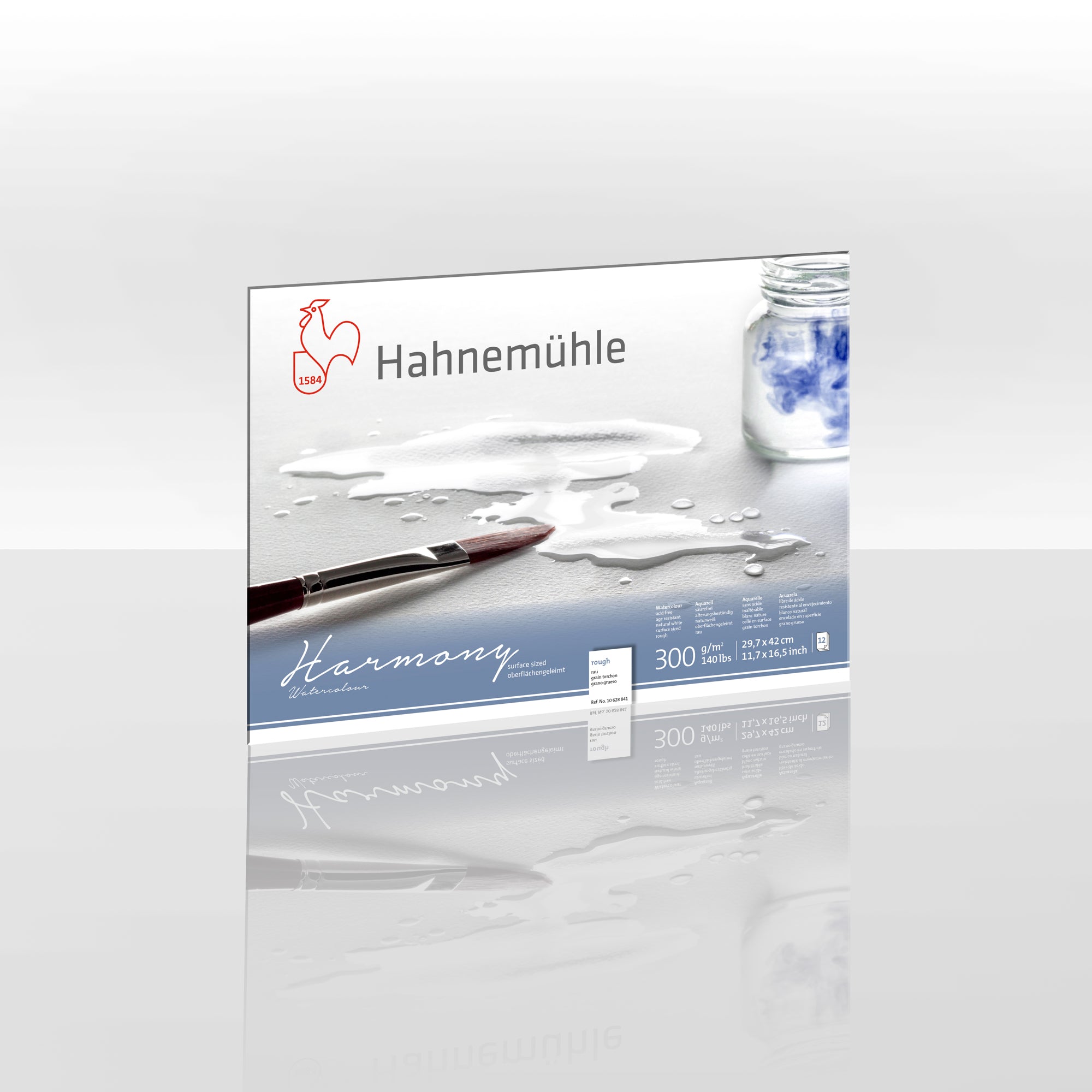 Packaging for Hahnemühle Harmony Watercolour Blocks A3, featuring the brand logo, product name, and a visual sample of the watercolour paper with a brush and jar of water.