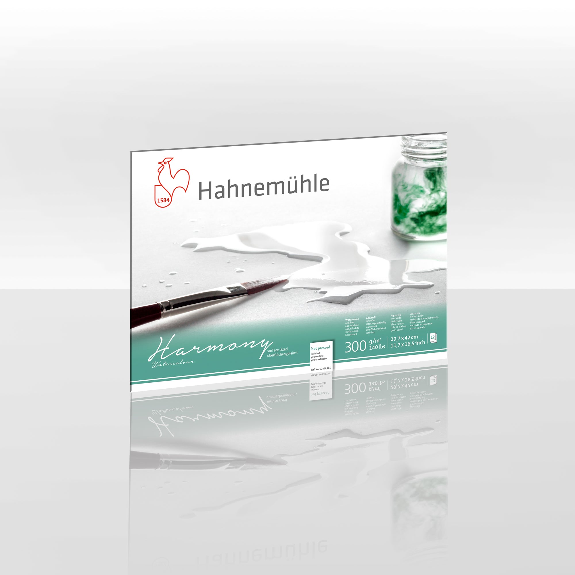 Packaging for Hahnemühle Harmony Watercolour Blocks A3, featuring the brand logo, product name, and a visual sample of the watercolour paper with a brush and jar of water.