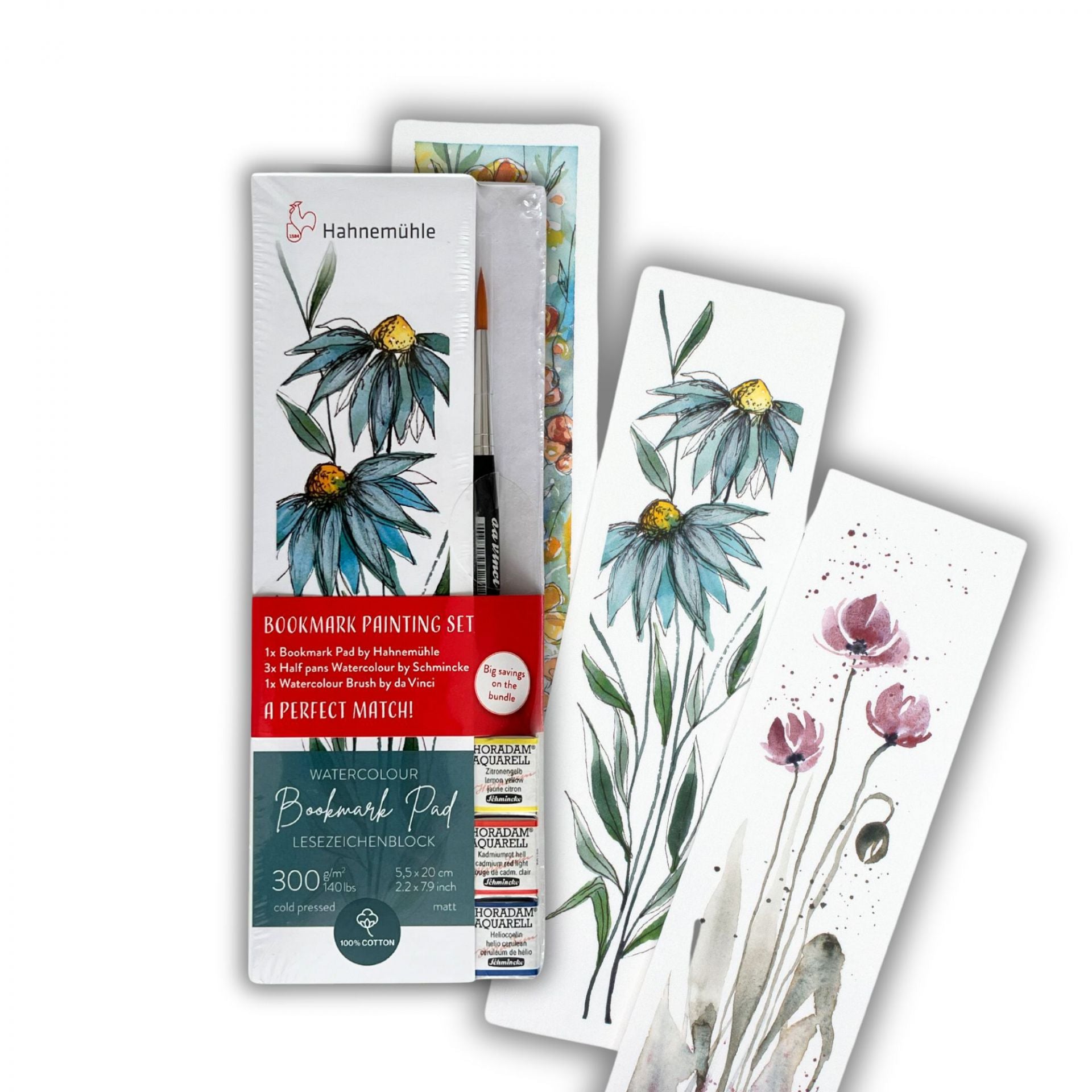 A Hahnemühle watercolour bookmark pad, 3 wrapped schminke half pans and a Da Vinci watercolour brush in a bundle. Displayed alongside examples of watercolour bookmarks featuring floral designs.