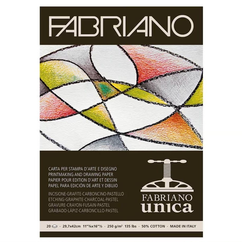 Packaging of the Fabriano Unica pad with white writing on a black surface and featuring an abstract drawing in green and red 