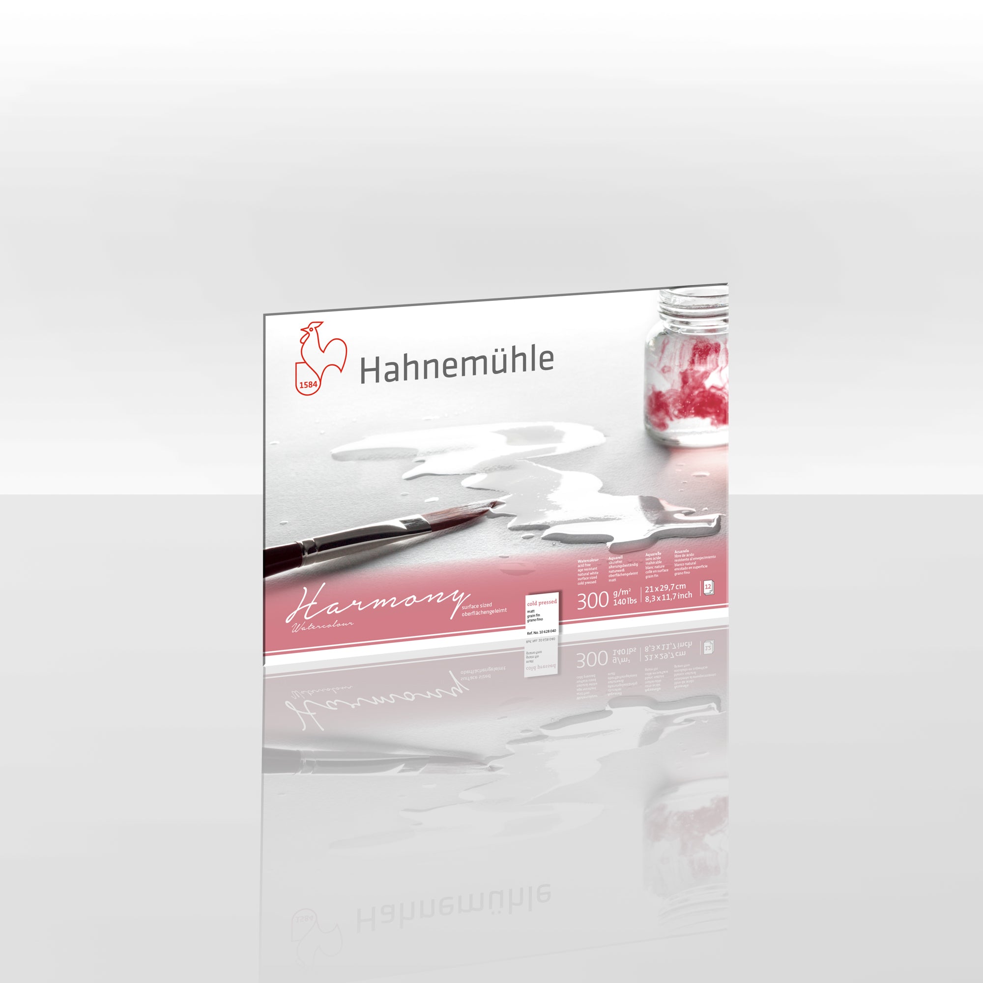 Packaging for Hahnemühle Harmony Watercolour Blocks A4, featuring the brand logo, product name, and a visual sample of the watercolour paper with a brush and jar of water.