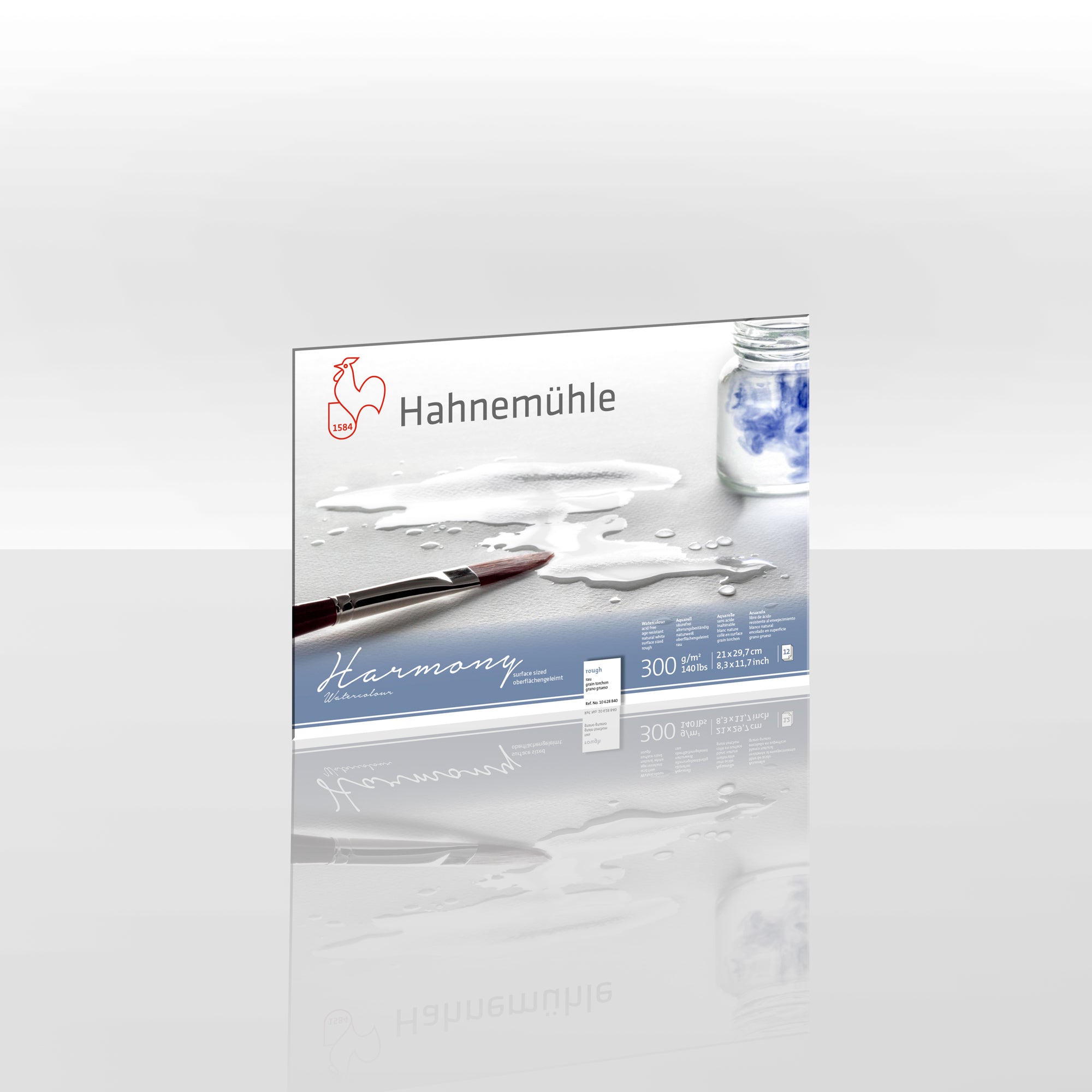Packaging for Hahnemühle Harmony Watercolour Blocks A4, featuring the brand logo, product name, and a visual sample of the watercolour paper with a brush and jar of water.