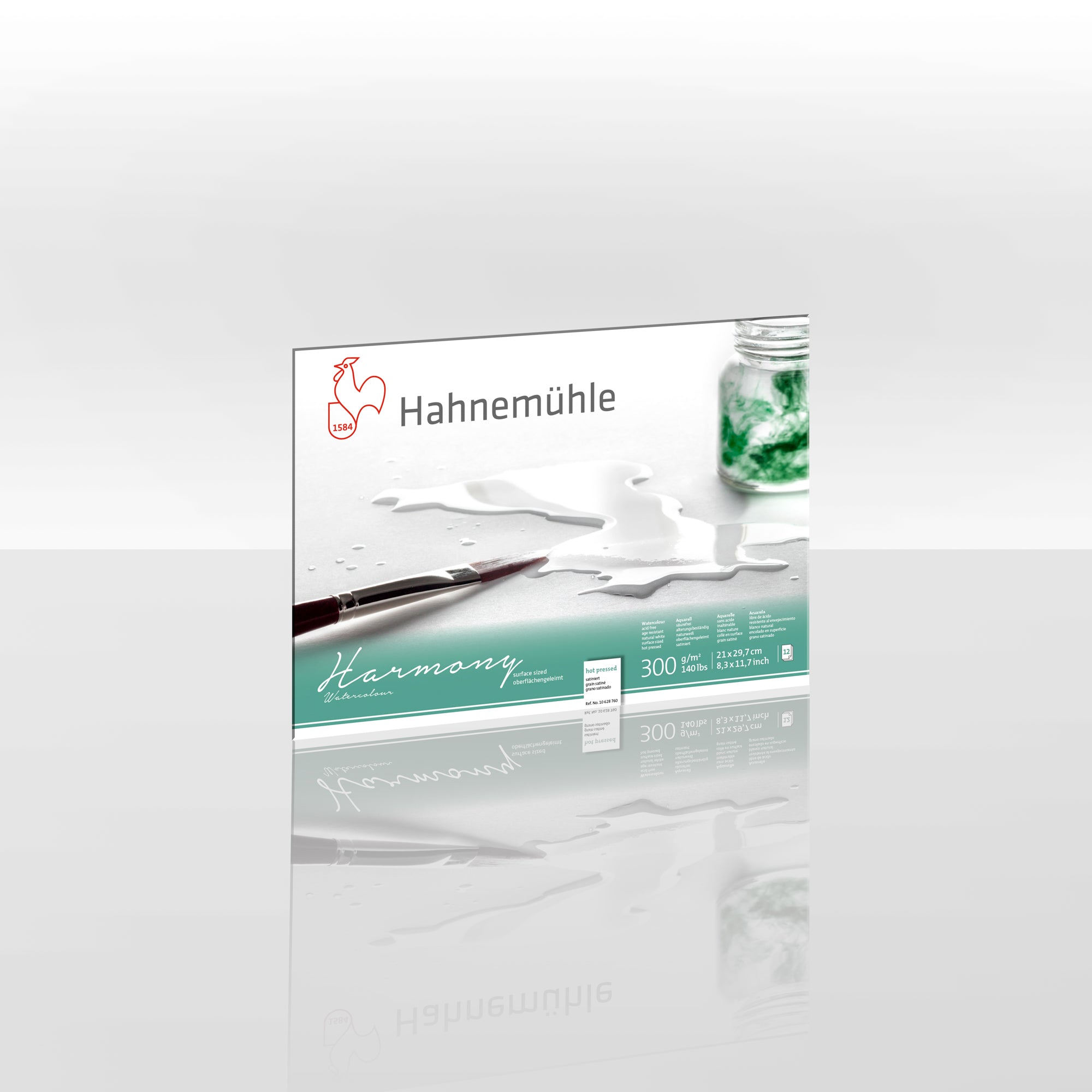 Packaging for Hahnemühle Harmony Watercolour Blocks A4, featuring the brand logo, product name, and a visual sample of the watercolour paper with a brush and jar of water.