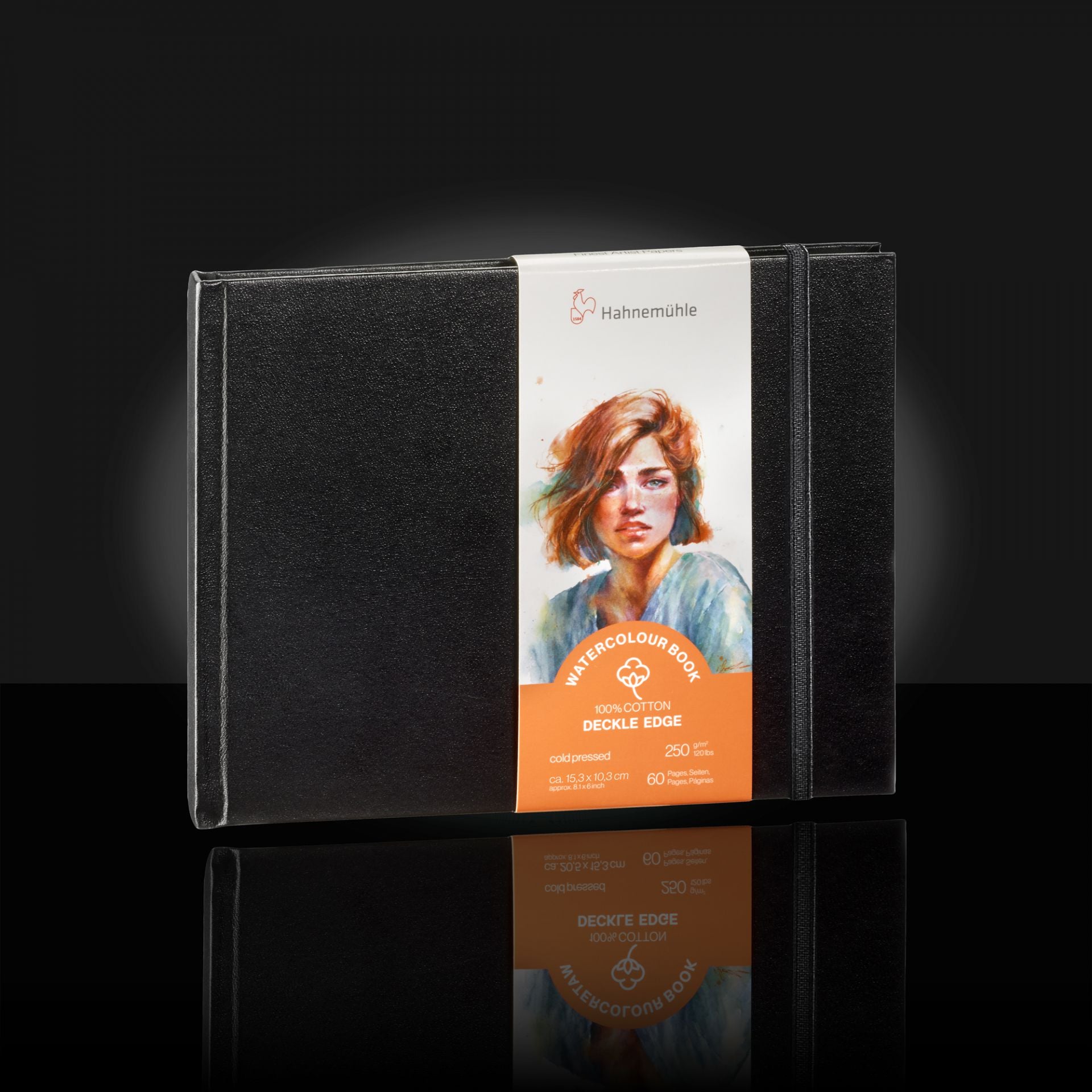 Black landscape hardcover book with Hahnemuhle label featuring a label. with a watercolour portrait on a dark background