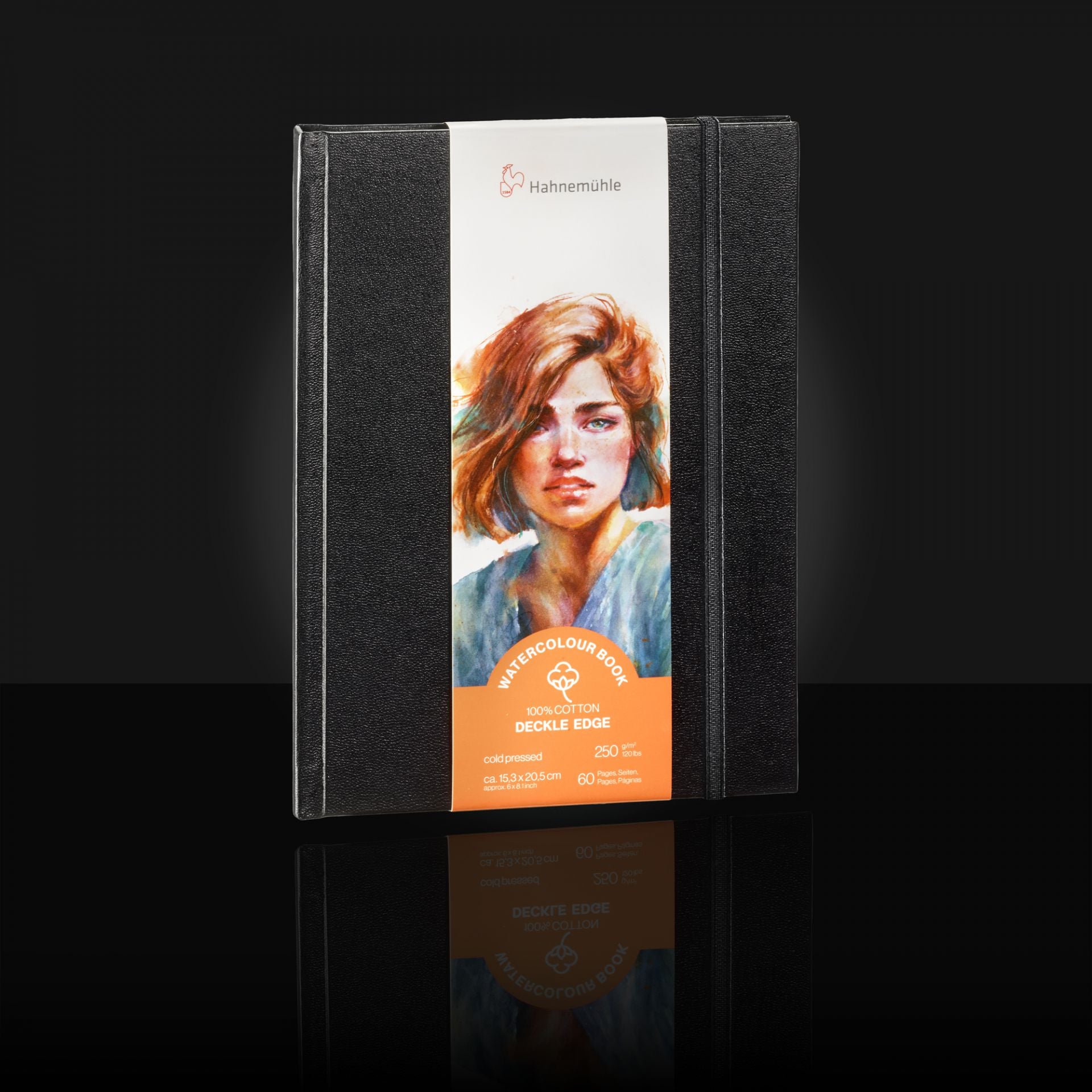 Black portrait hardcover book with Hahnemuhle label featuring a label. with a watercolour portrait on a dark background