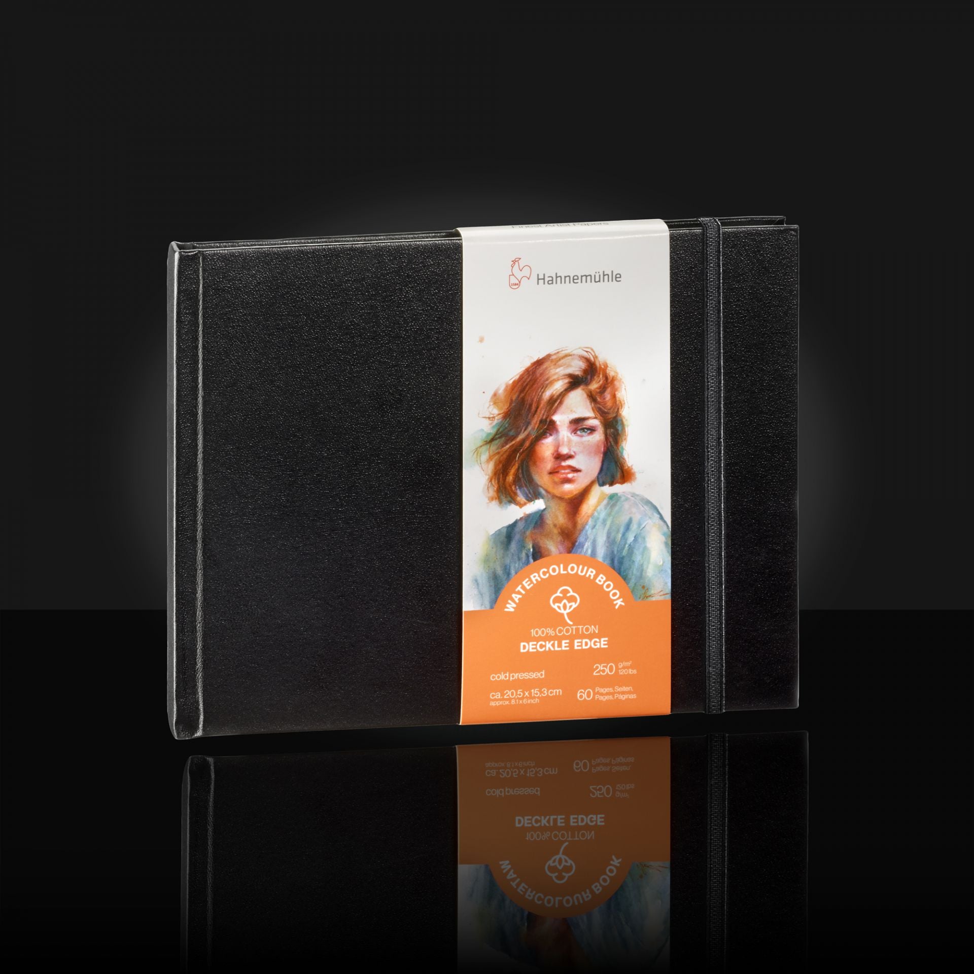 Black landscape hardcover book with Hahnemuhle label featuring a label. with a watercolour portrait on a dark background