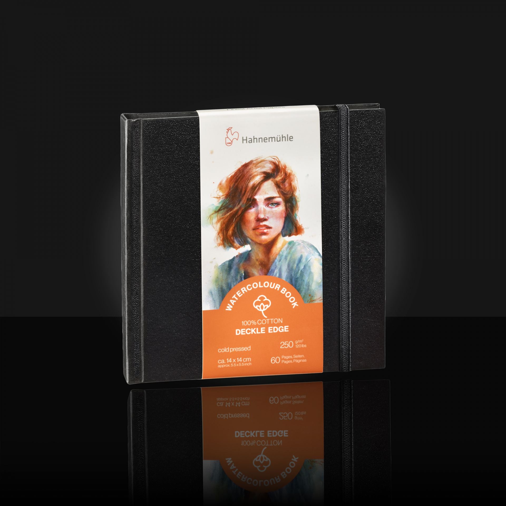 Black square hardcover book with Hahnemuhle label featuring a label. with a watercolour portrait on a dark background
