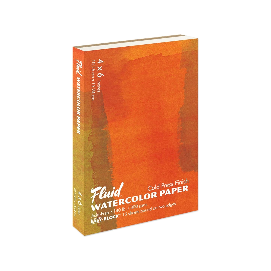 A Speedball Fluid Watercolour Block Pad with orange and yellow watercolour design cover with text indicating cold press finish and 300gsm paper weight.
