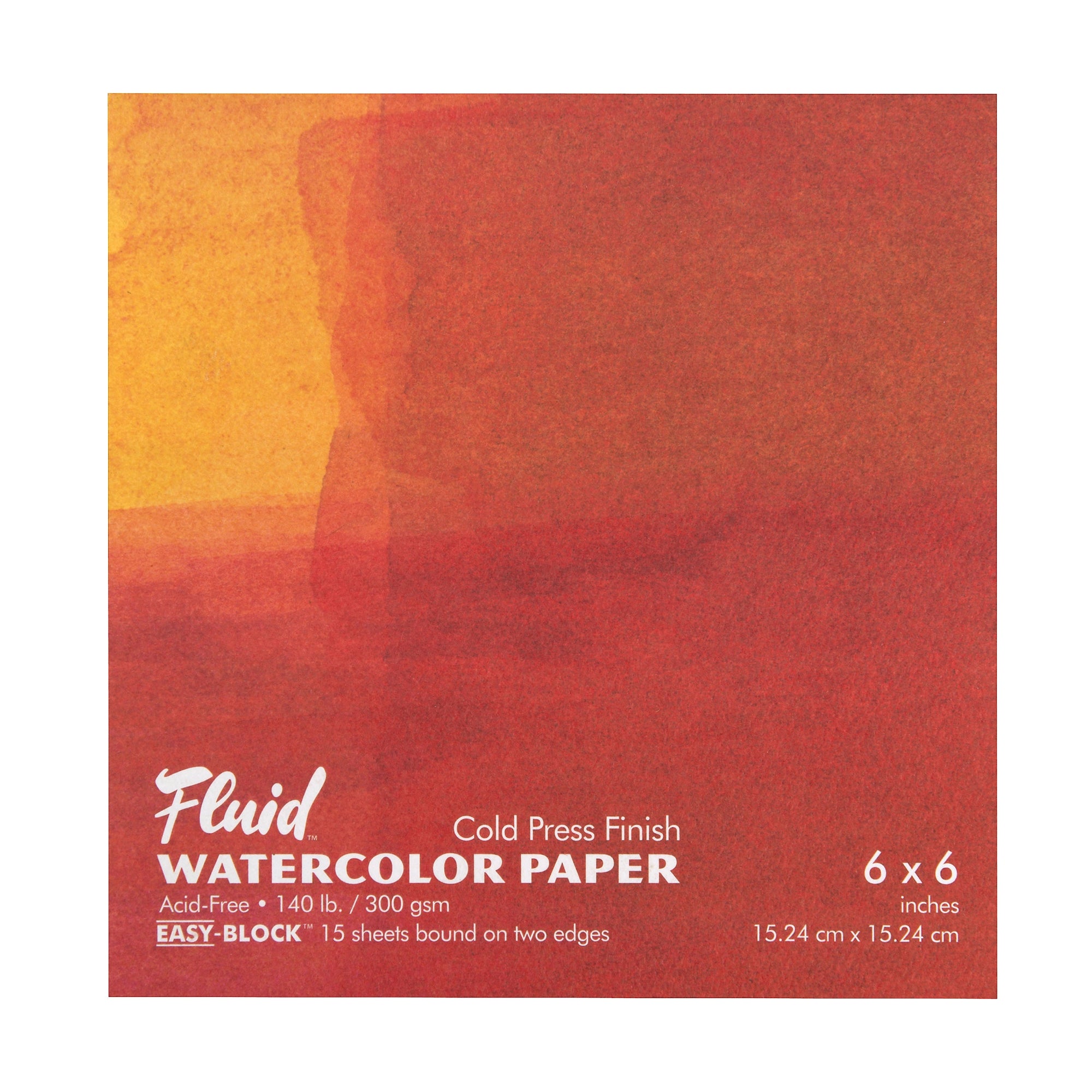 A Speedball Fluid Watercolour Block Pad with orange and yellow watercolour design cover with text indicating cold press finish and 300gsm paper weight.