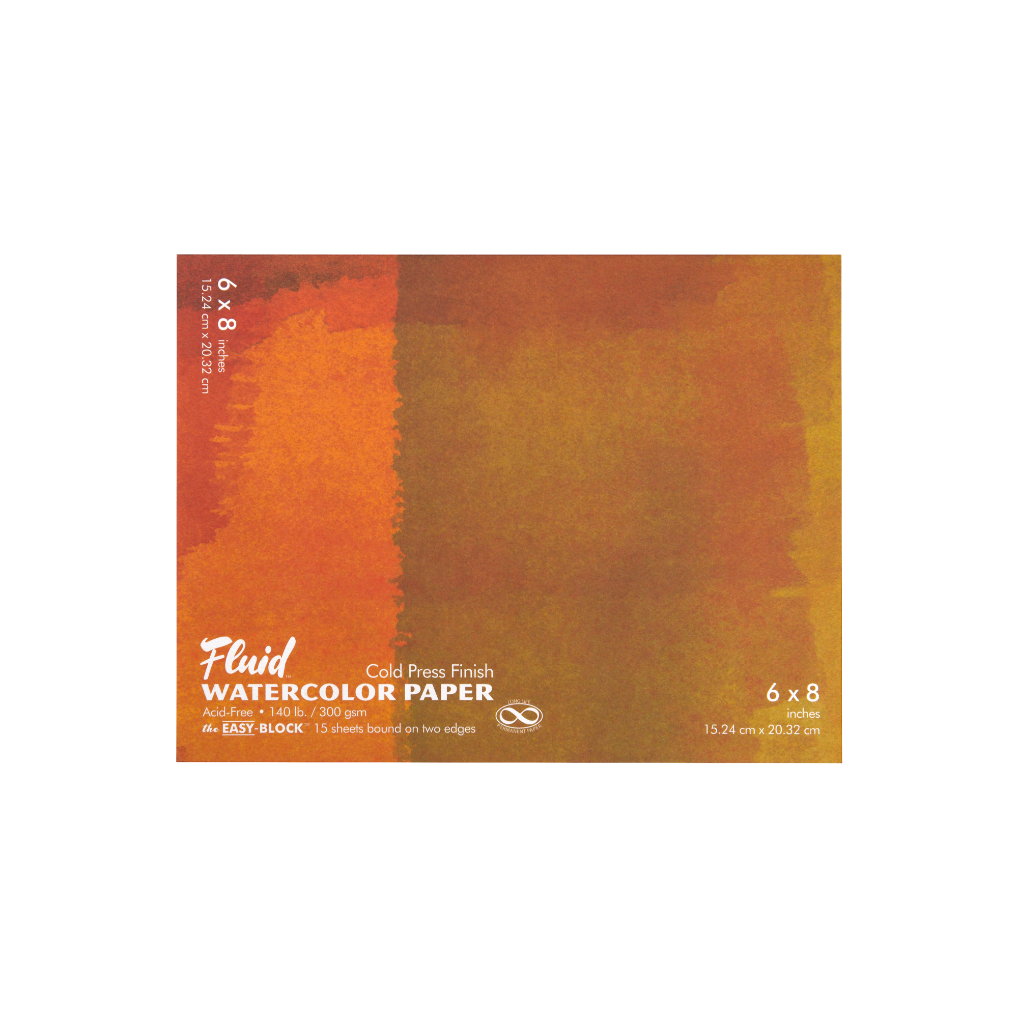 A Speedball Fluid Watercolour Block Pad with orange and yellow watercolour design cover with text indicating cold press finish and 300gsm paper weight.