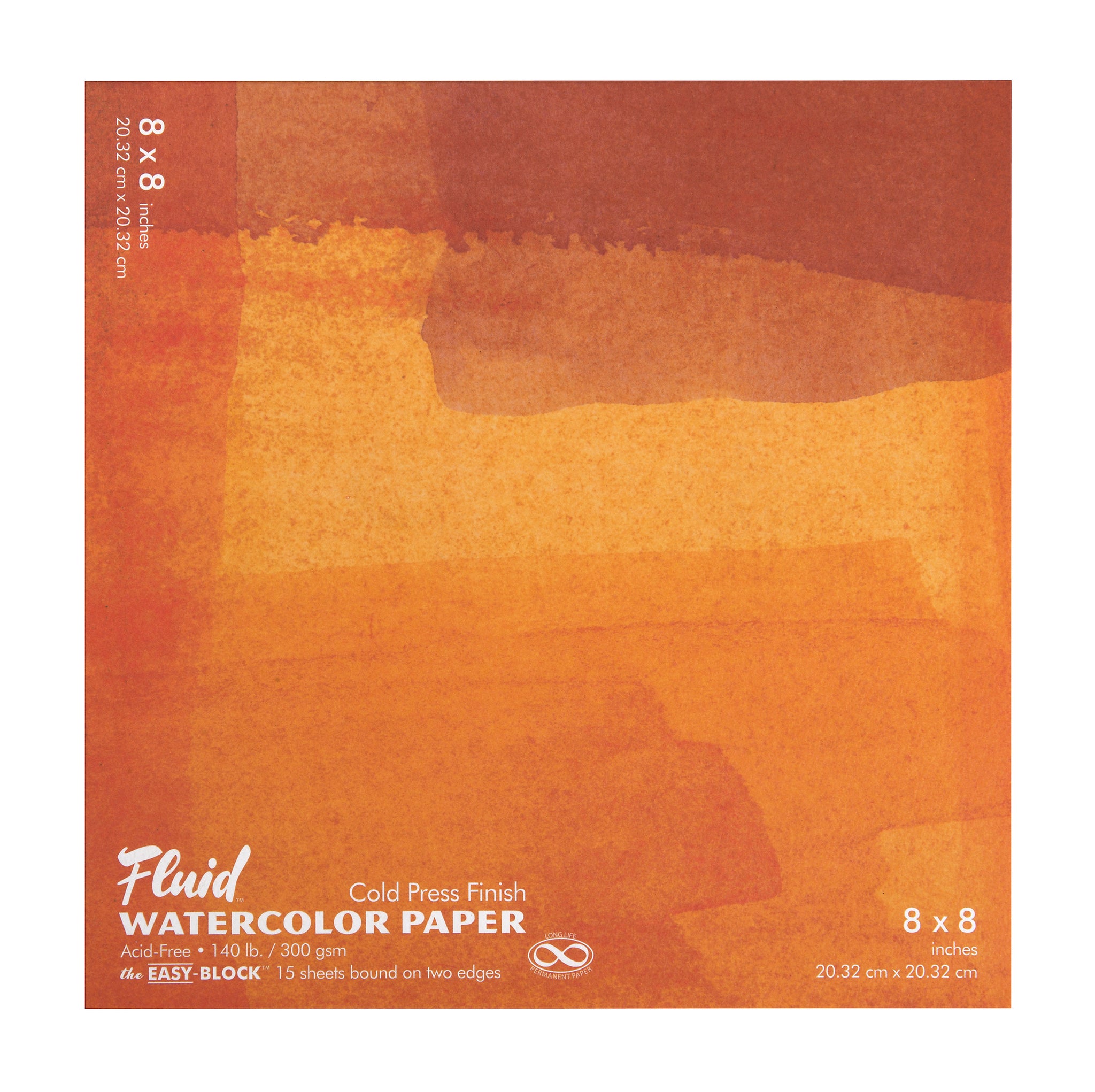 A Speedball Fluid Watercolour Block Pad with orange and yellow watercolour design cover with text indicating cold press finish and 300gsm paper weight.