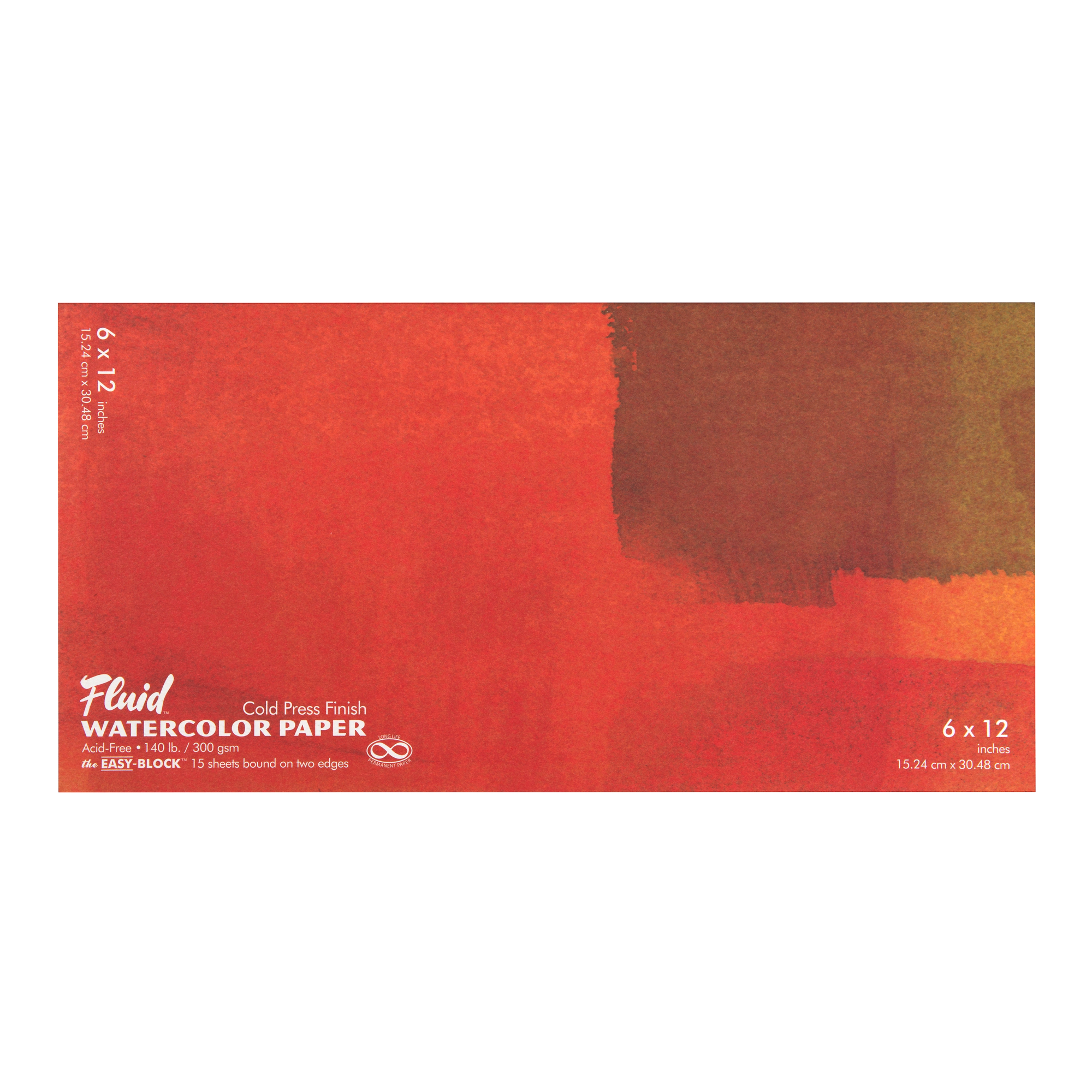 A Speedball Fluid Watercolour Block Pad with orange and yellow watercolour design cover with text indicating cold press finish and 300gsm paper weight.