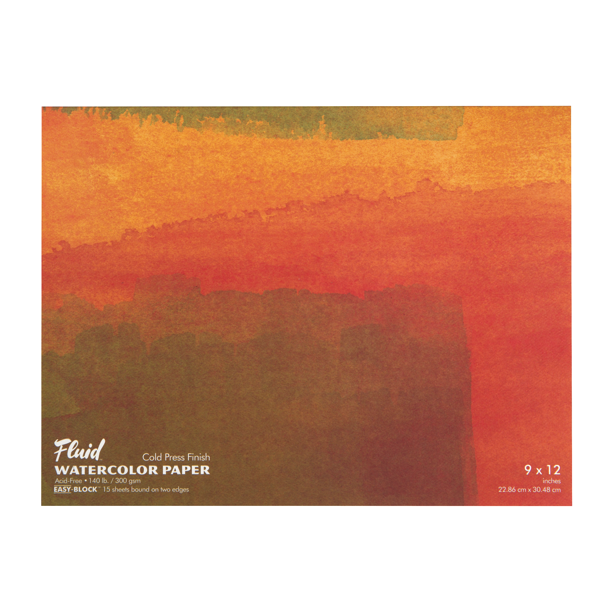 A Speedball Fluid Watercolour Block Pad with orange and yellow watercolour design cover with text indicating cold press finish and 300gsm paper weight.