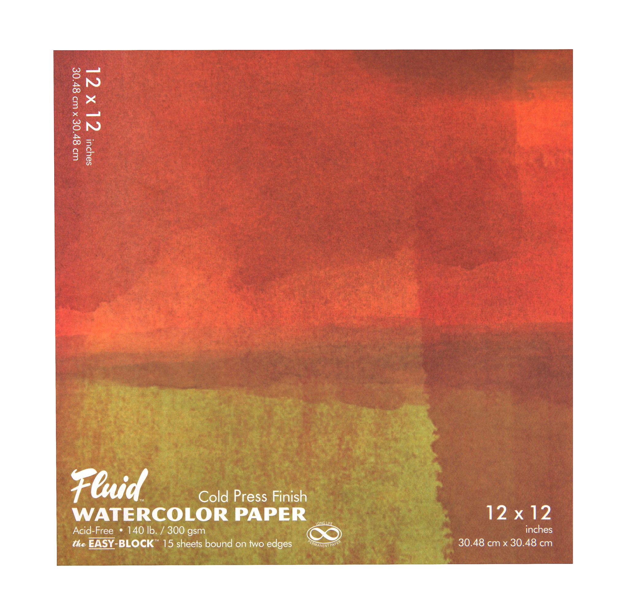 A Speedball Fluid Watercolour Block Pad with orange and yellow watercolour design cover with text indicating cold press finish and 300gsm paper weight.