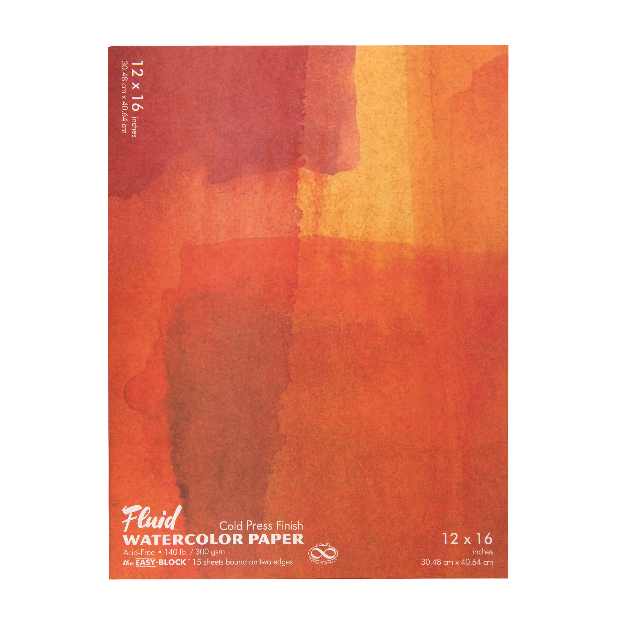 A Speedball Fluid Watercolour Block Pad with orange and yellow watercolour design cover with text indicating cold press finish and 300gsm paper weight.